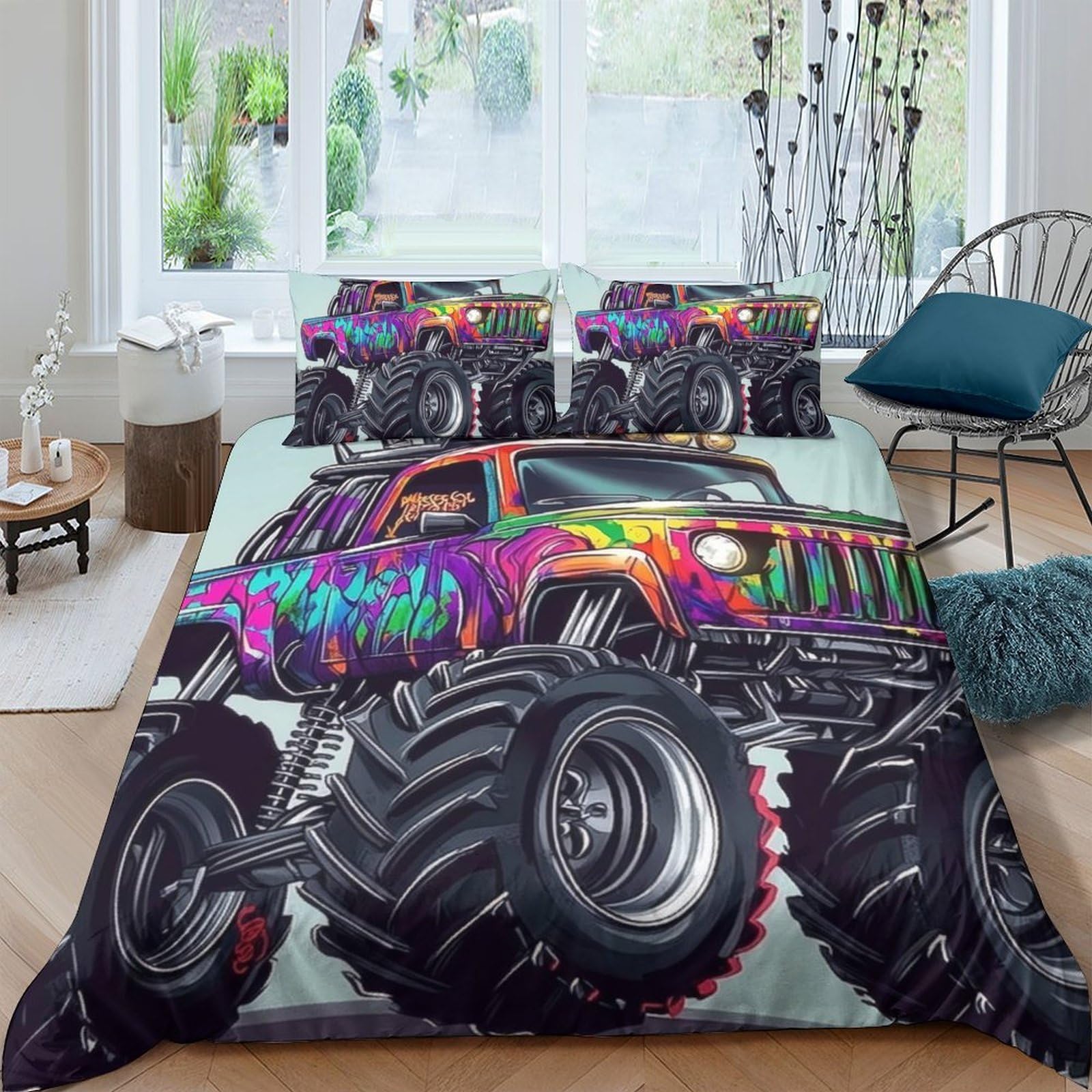 Ctjqhvkz Style-3 3D Printed Colorful Monster Truck Fitted Sheet Microfiber Soft Bedroom Decor Graffiti Style Bed Sheet For Home Guest Room Single（135X200cm）