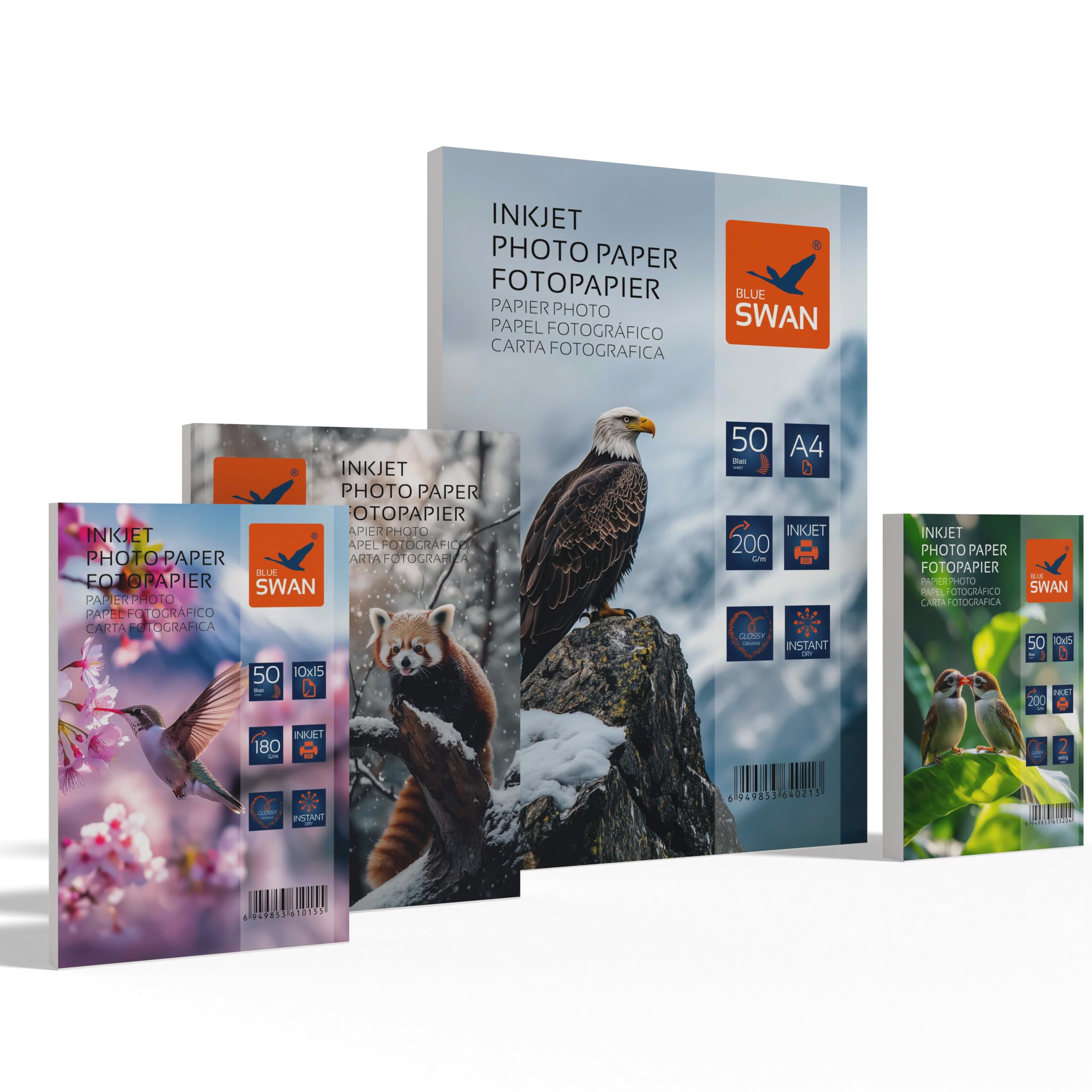 BLUE SWAN Carta Fotografica Lucida Combo, 200 Fogli – A4/13x18/10x15, 180/200 g/m², Mono e Bifacciale, Asciugatura Rapida, Resistente ad Acqua e Graffi, Compatibile con Stampanti Inkjet