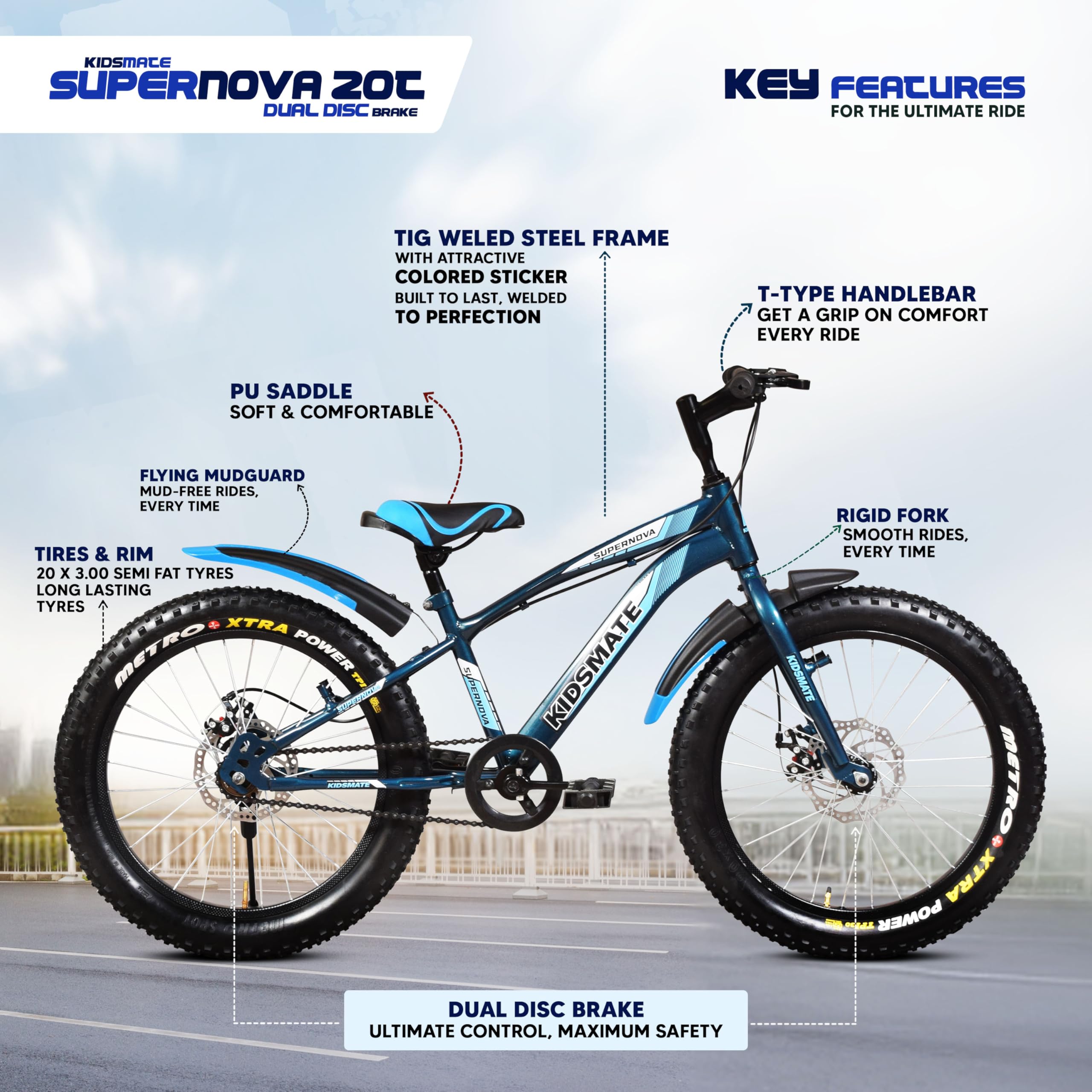 Kidsmate Supernova 20T Fat (20 x 3.0) Tire Cycle for Kids 7–10 Years | Dual Disc Brake Bicycle with Rigid Fork | Wide Tyres, Strong Steel Frame Bike for Kids - Stelios Blue — Amazon image 7