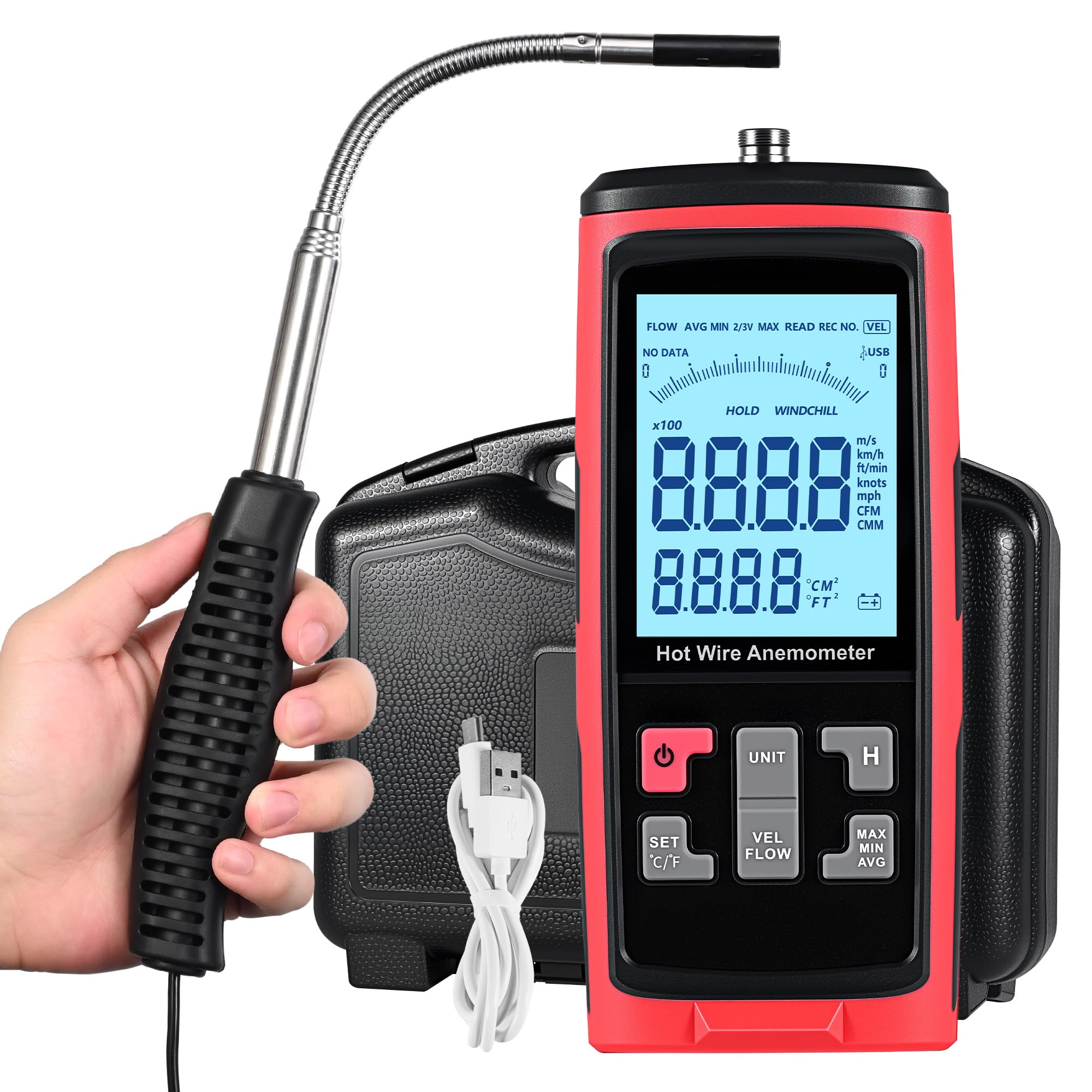 Anemómetro de cable caliente, medidor de flujo de aire de mano CMF, medidor de velocidad del aire recargable, medidor de temperatura para conducto HVAC anemómetro térmico al aire libre, sonda
