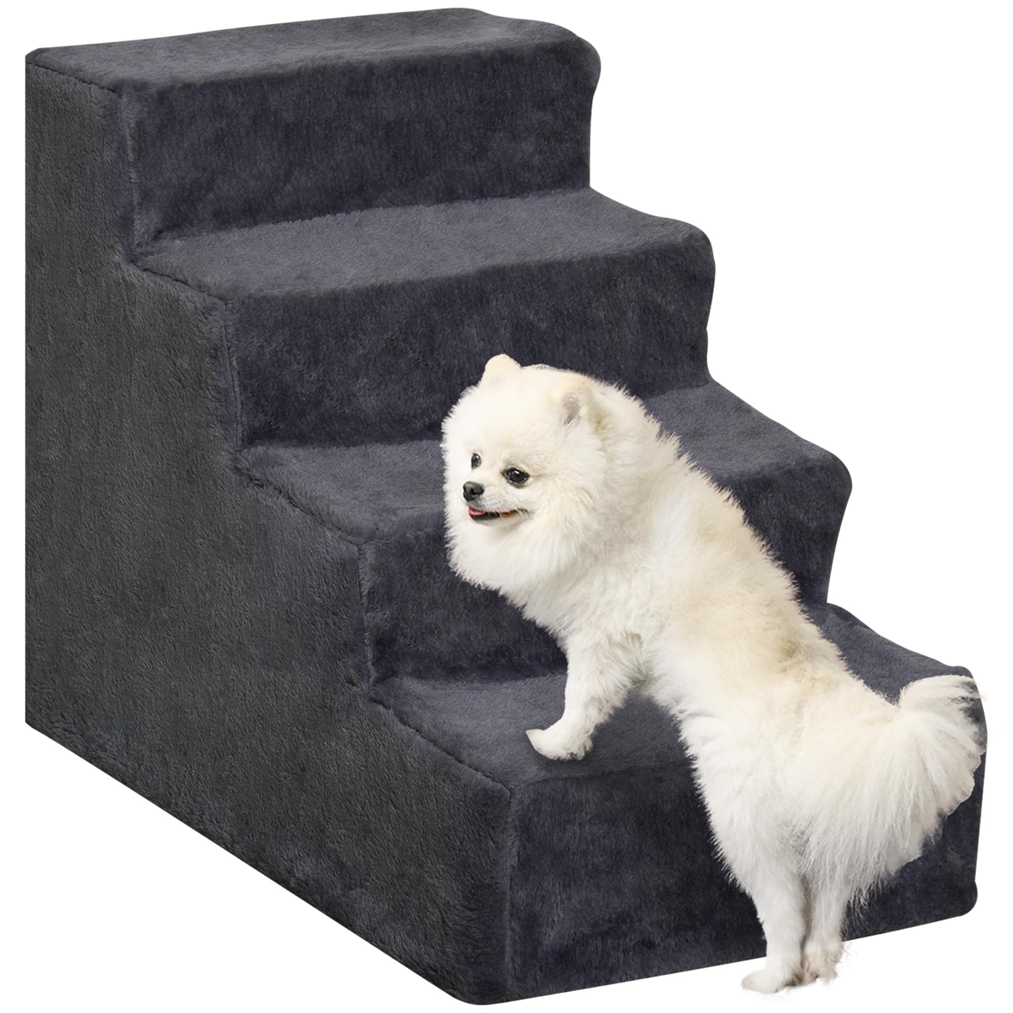 PawHut Scala per Cani a 4 Gradini, 60x35x44 cm Scaletta per Cani e Gatti di 10 KG in Tessuto Vellutato Sfoderabile e Lavabile, Grigio Scuro
