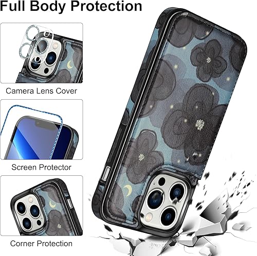 Miniatura 6 de HianDier Funda tipo cartera para iPhone 13 Pro MAX con pulsera, protector de pantalla + funda para cámara, con ranura para tarjeta de crédito, funda