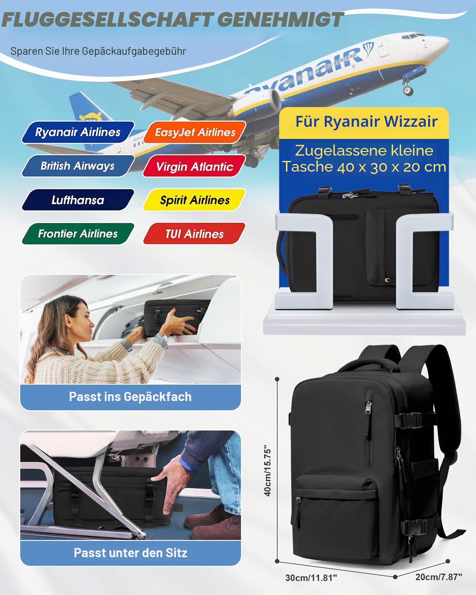 Vakuum Rucksack mit Pumpe Handgepäck Rucksack 40x30x20 für Ryanair Reiserucksack Wasserdichter Unter Dem Sitz Handgepäck Flugzeuge Weekendertasche Wanderrucksack Lässiger Tagesrucksack,D01-Schwarz