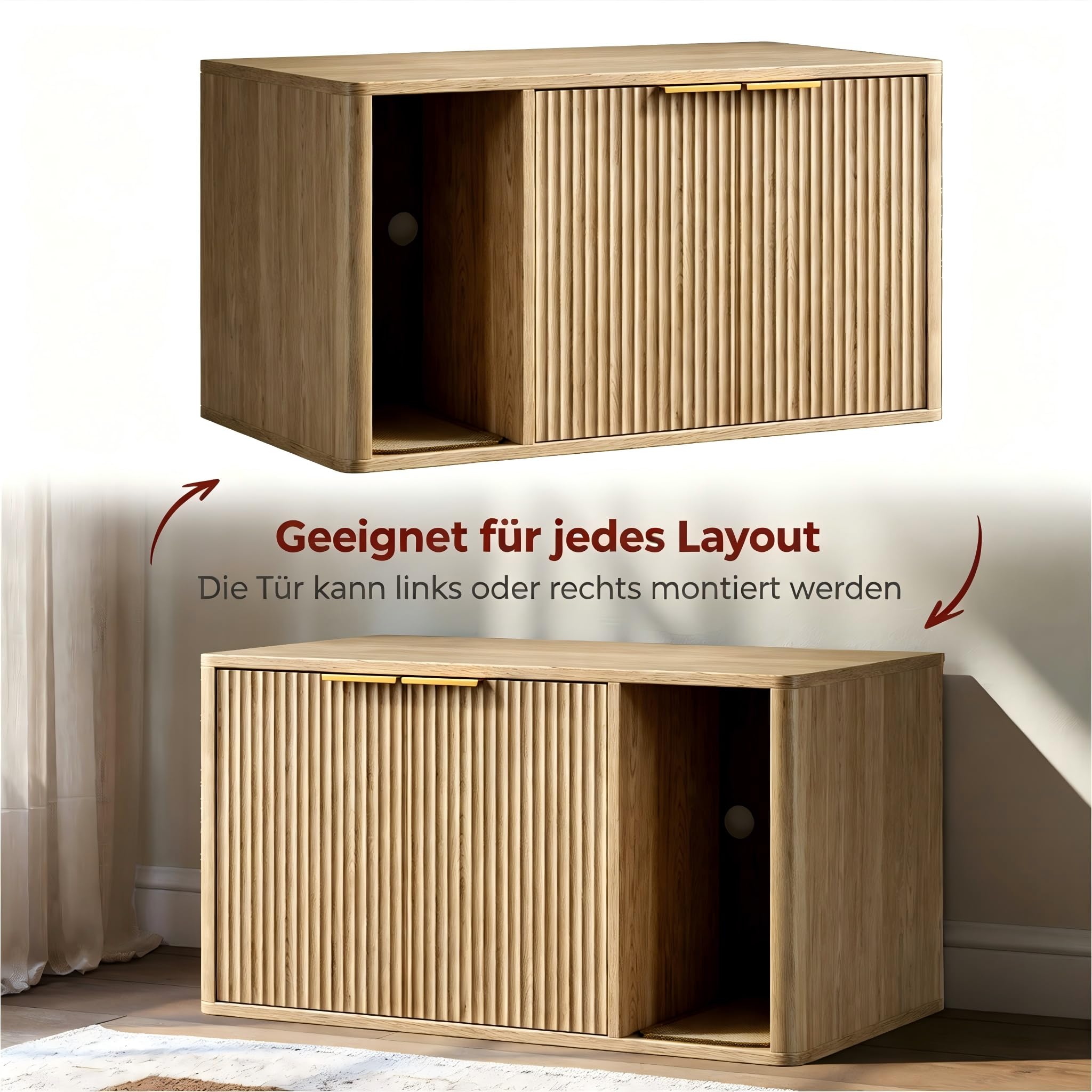 Katzenklo Schrank 90x50x50 cm, Katzenschrank für Katzentoilette aus Holz mit Kratzmatte, Verstecktes Katzenklo Haus für Wohnzimmer, Flur und Schlafzimmer, Buche