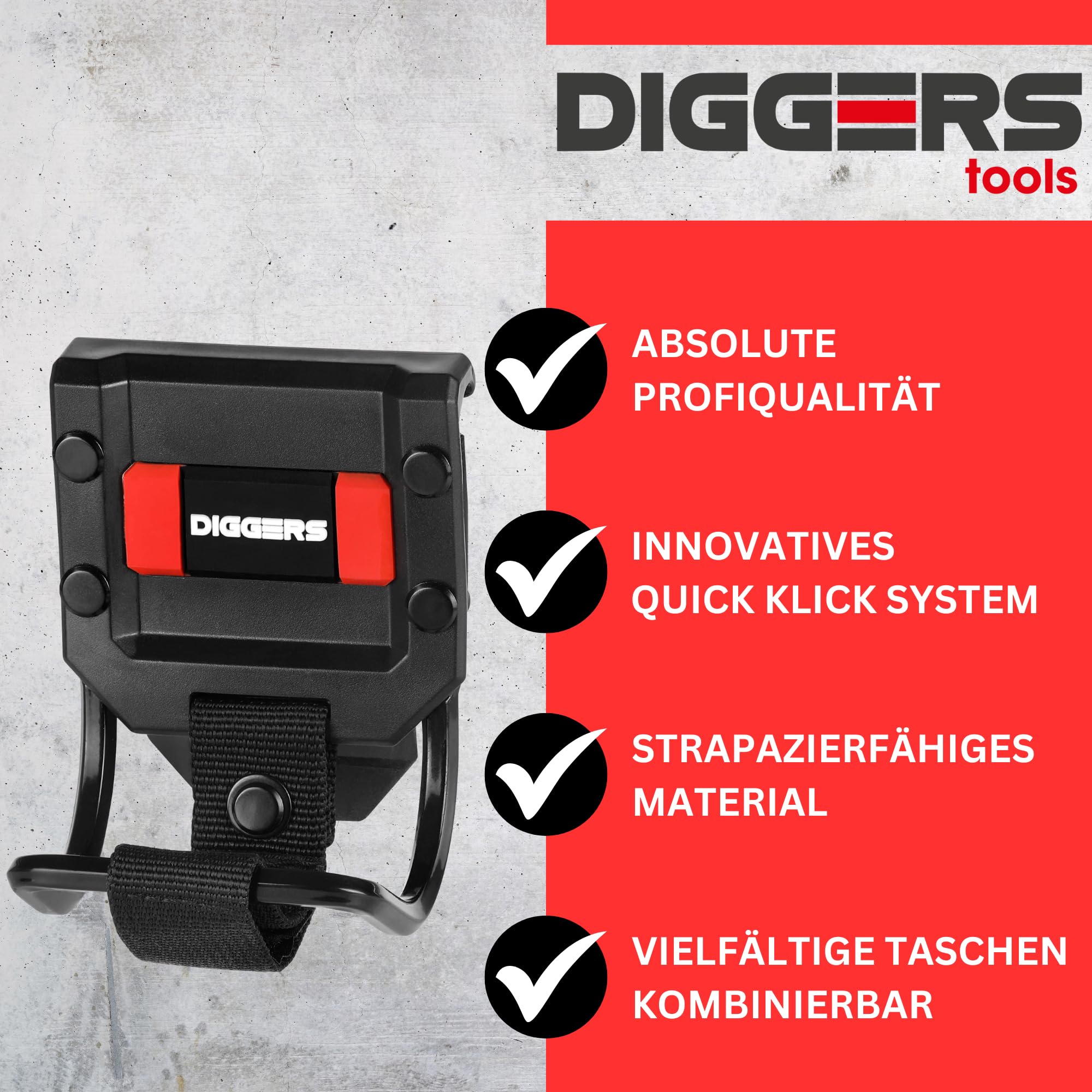 Diggers Tools - Hammerhalter für Gürtel - [ Profi Quick Klik System ] Flexibel Kombinierbare Hammerschlaufe für Gürtel- Hochwertige Gürteltasche Werkzeug für Elektriker, Dachdecker & Zimmerer
