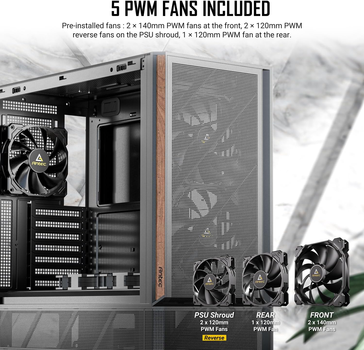 Antec P30 AIR, 2 x 140mm PWM Fans & 1 x 120mm PWM Fan & 2 x 120mm PWM Reverse Fans Included, Premium Wood Accents, Optimized GPU Airflow, 360mm Radiator Support, Type-C, Mid-Tower ATX Case