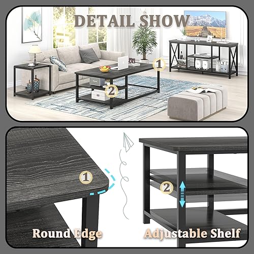 Miniatura 5 de EXCEFUR Mesa de Centro, Mesa de Sala de Estar de Madera Rústica y Metal con Estante de Almacenamiento Ajustable, Gris Oscuro, 47 Pulgadas Gris,Negro