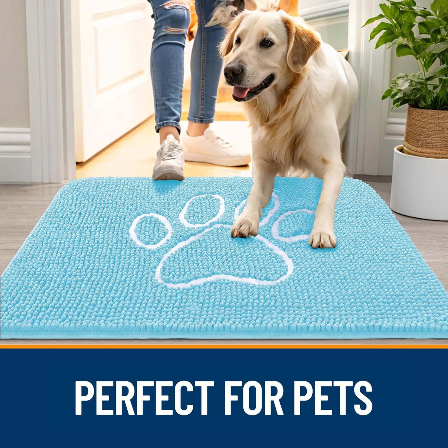 OLANLY Dog Door Mat for Muddy Paws 24x16, Paw Print Design, Absorbs Moisture and Dirt, Absorbent Non-Slip Washable Doormat, Quick Dry Chenille Mud Mat for Dogs, Entry Indoor Entryway Carpet, Blue thumbnail