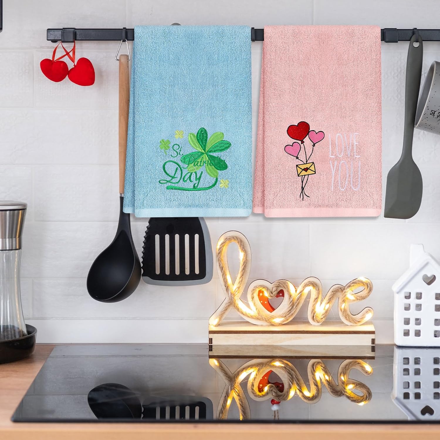 6 Pcs Valentine's Day Hand Towels for Bathroom 13.8 x 29.5'' Holiday Decorative Bath Towels Set Cotton Embroidered Heart Letter Car Egg Clover Rabbit Easter Gift Set - Image 5