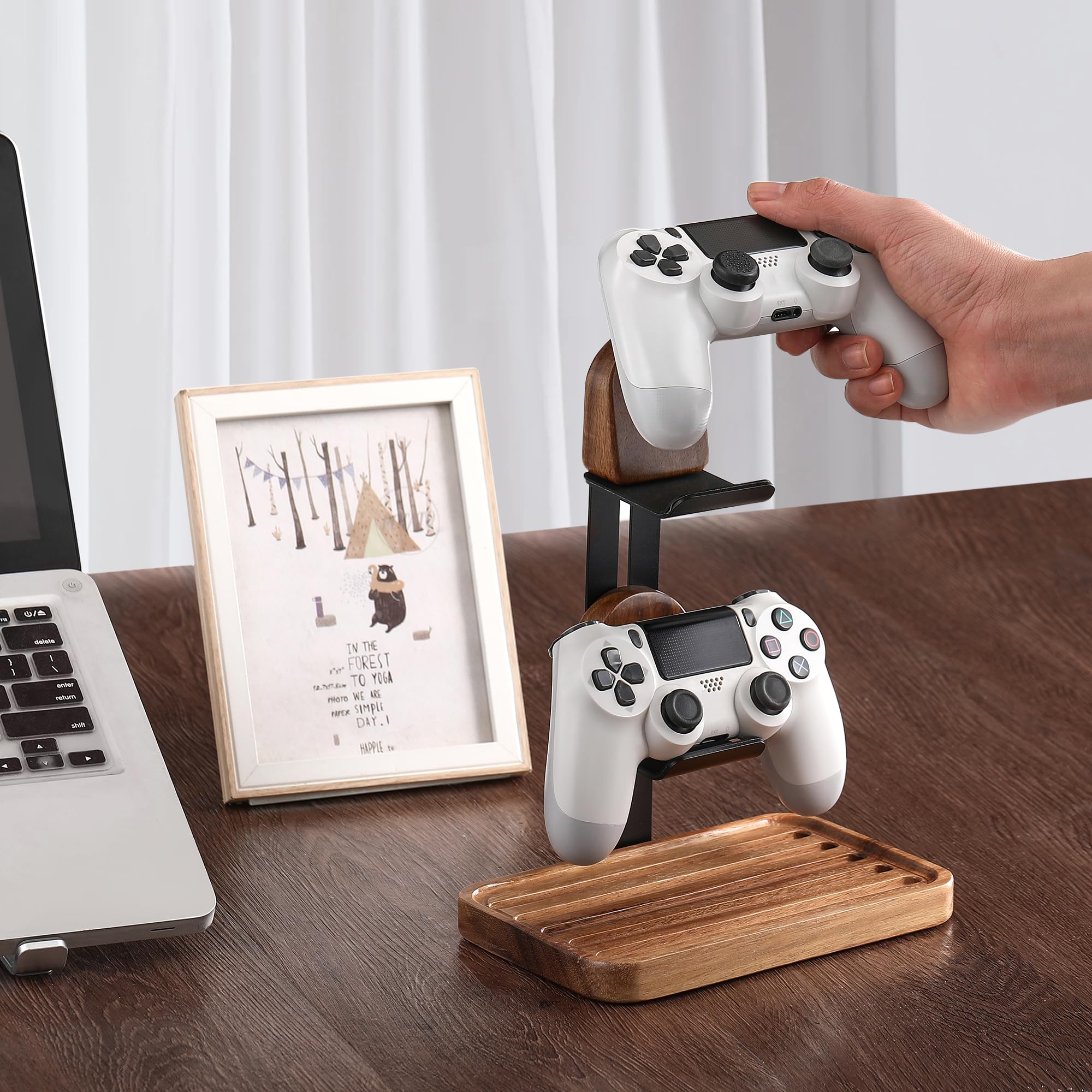 Supporto per controller di gioco in legno, 2 in 1, nero, regolabile a 2 livelli, per PS/Xbox/Switch/Nintendo, a due livelli per scrivania, in legno massello