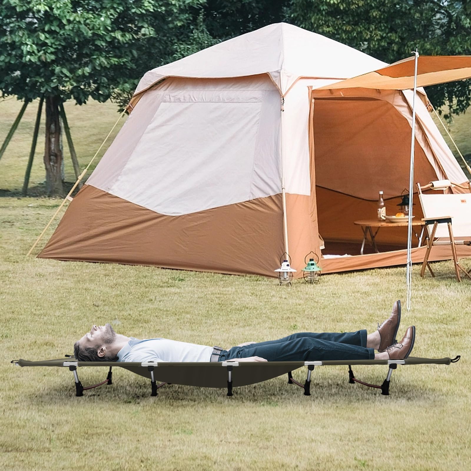 Łóżko polowe, składane łóżko kempingowe, do biura, na przerwę obiadową, ze stopu aluminium 600D, Oxford, do użytku wewnątrz i na zewnątrz, na plażę, dla dorosłych (zieleń wojskowa)