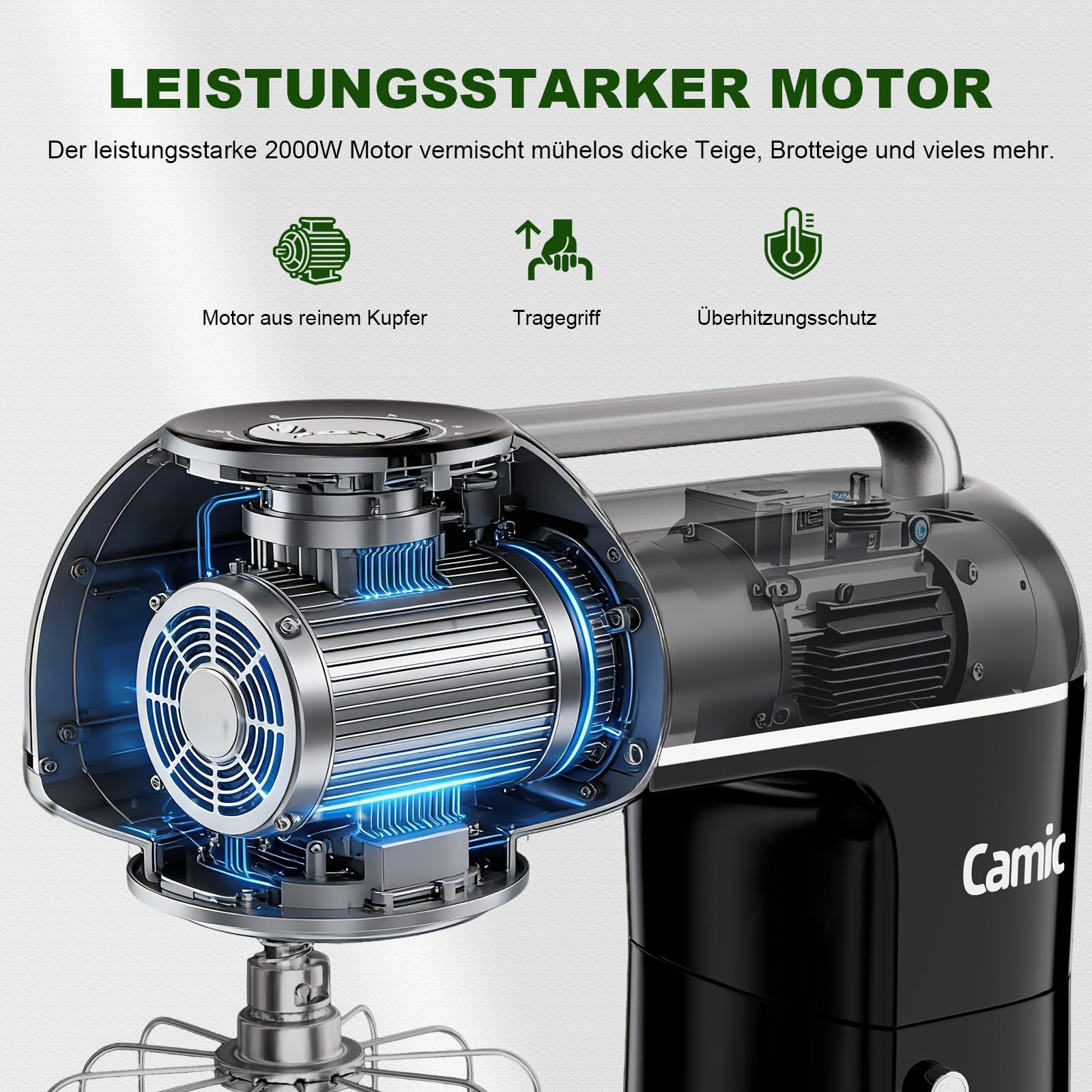Camic Küchenmaschine - 2000W - Teigmaschine 10 Stufen mit Tragegriff, Edelstahl Rührschüssel (7L), Knetmaschine mit Rührhaken, Knethaken, Schlagbesen und Spritzschutz