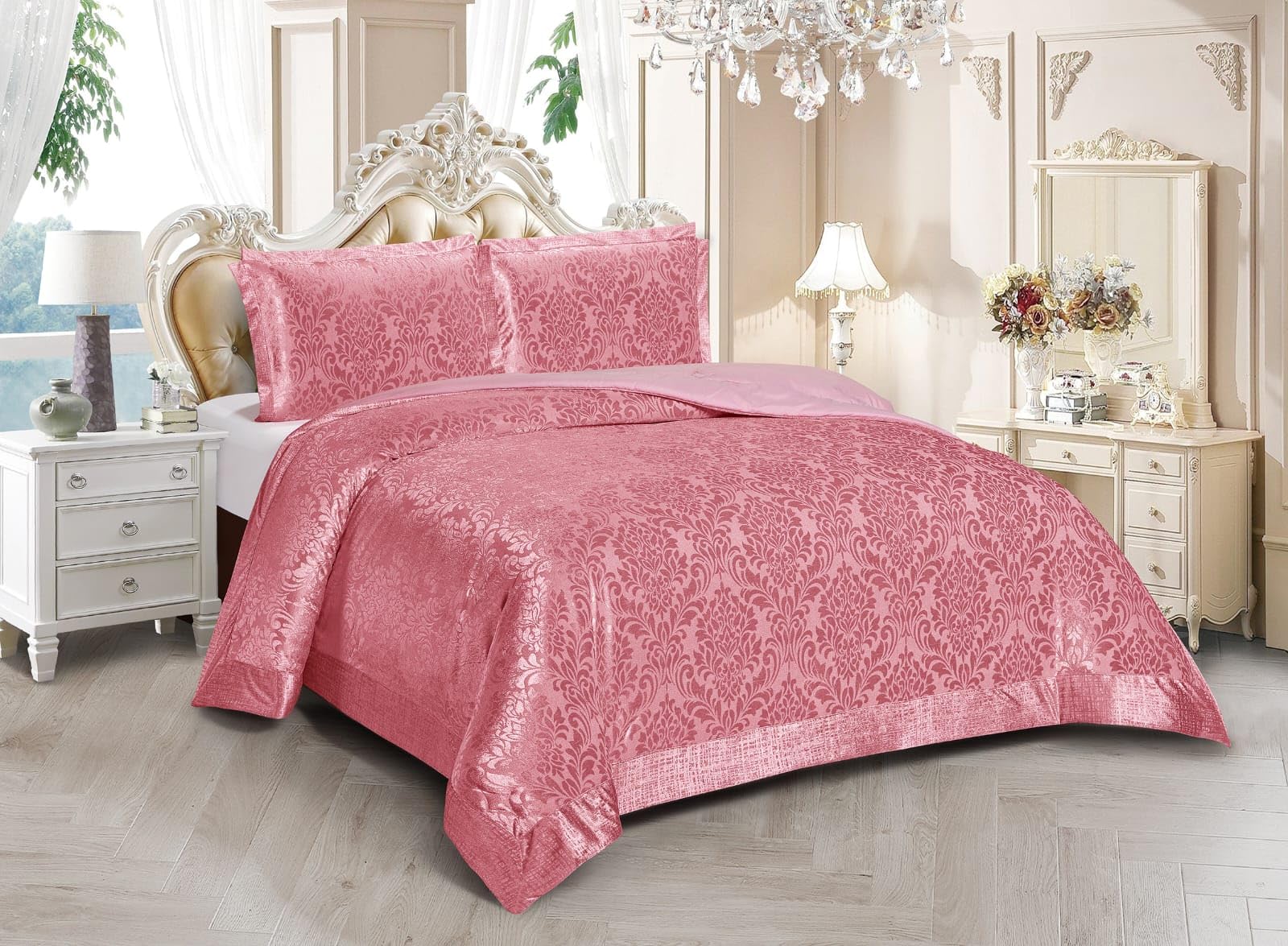 Mh Bedding Store ltd Luxury 3-Piece Quilted Bedspread/Comforter with Pillow Shams, Elegant Embossed Damask DesignBedding Set (Pink, Super King)