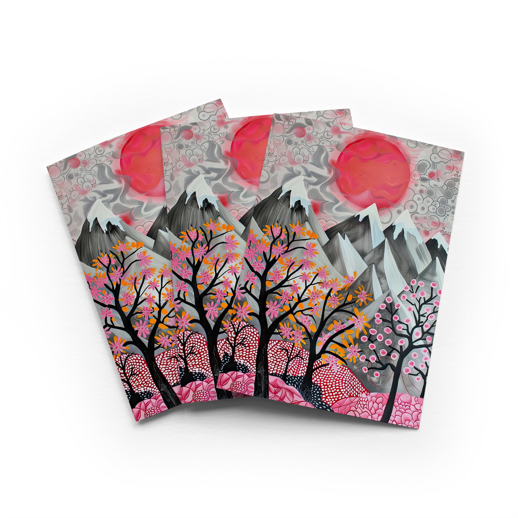Japanese Snow Peaks Greeting Card Pink Blossom Any Occasion Set of 3 Blank Inside 5x7 Inch 13x18 cm