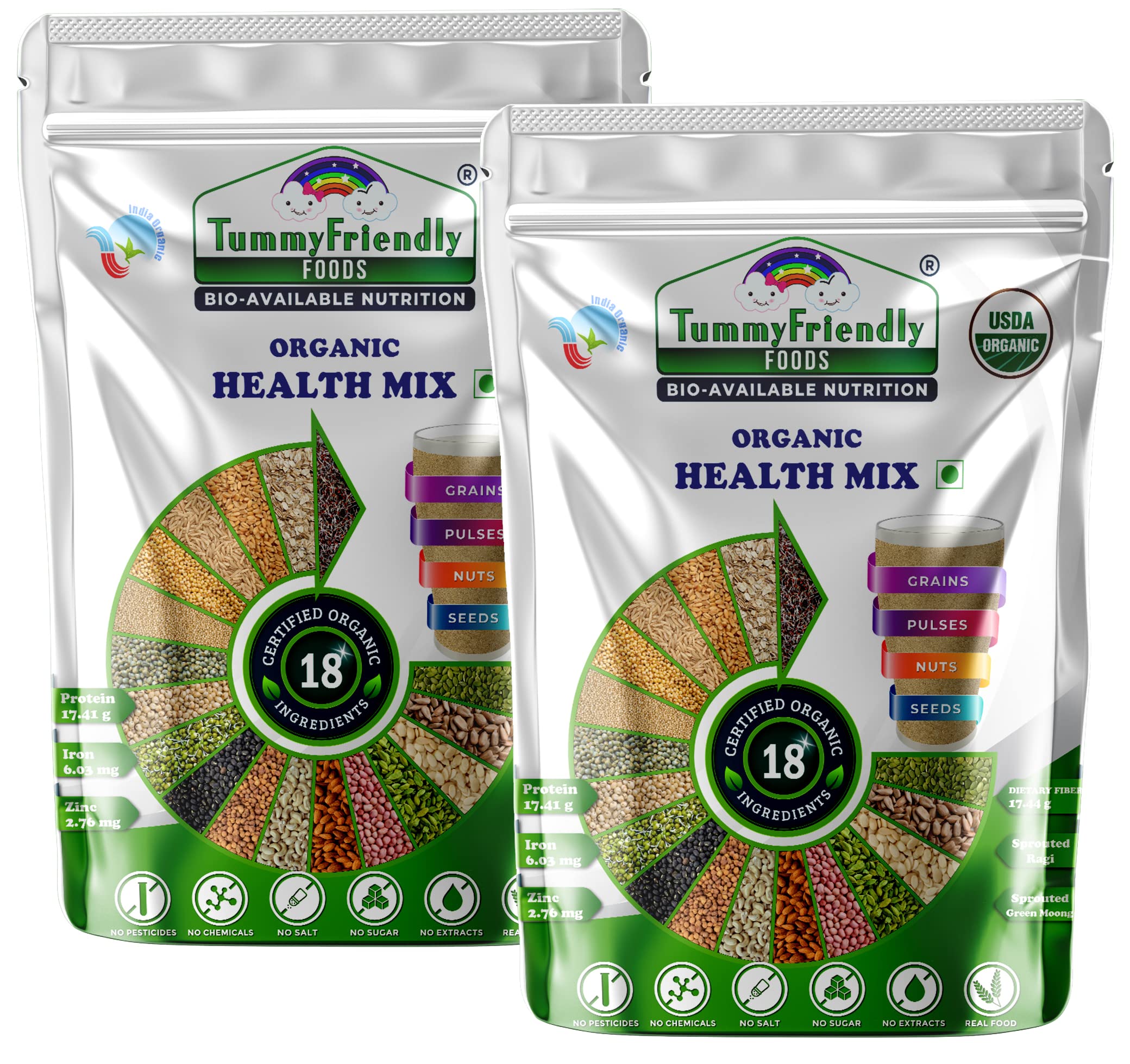 TummyFriendly Foods USDA Organic Health Mix Powder For Adults Organic | Multigrain Mix Powder For Adults and Kids | Health Mix Powder For Women, Kids with Sprouted Ragi Powder, Green Moong, Oats, Nuts, Seeds | Millet Health Mix | Trial Packs - 2, 100 (B09W8V5C2T) Amazon Price History, Amazon Price Tracker