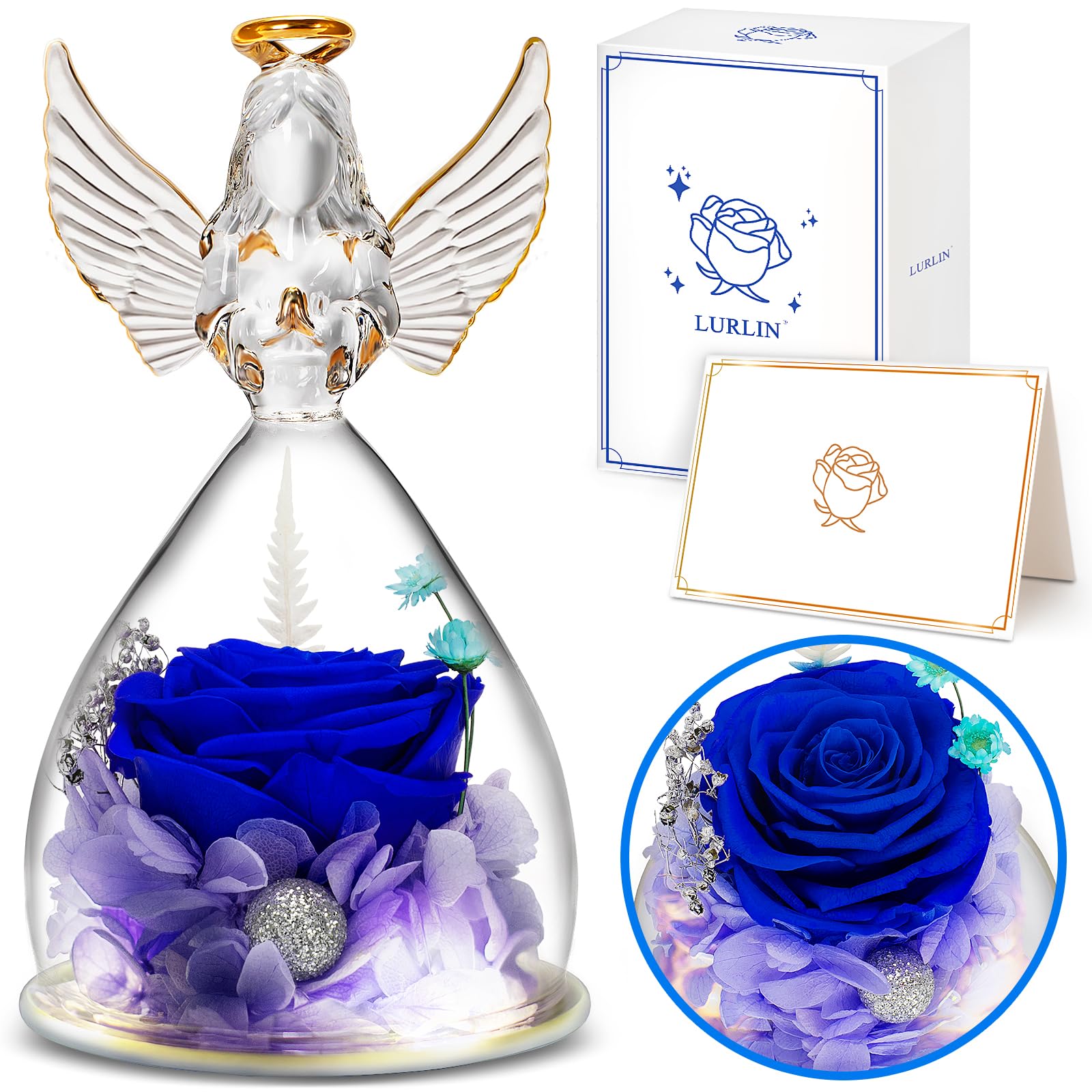 Figurine d'ange en verre bleu clair : un message d'amour éternel avec trois roses