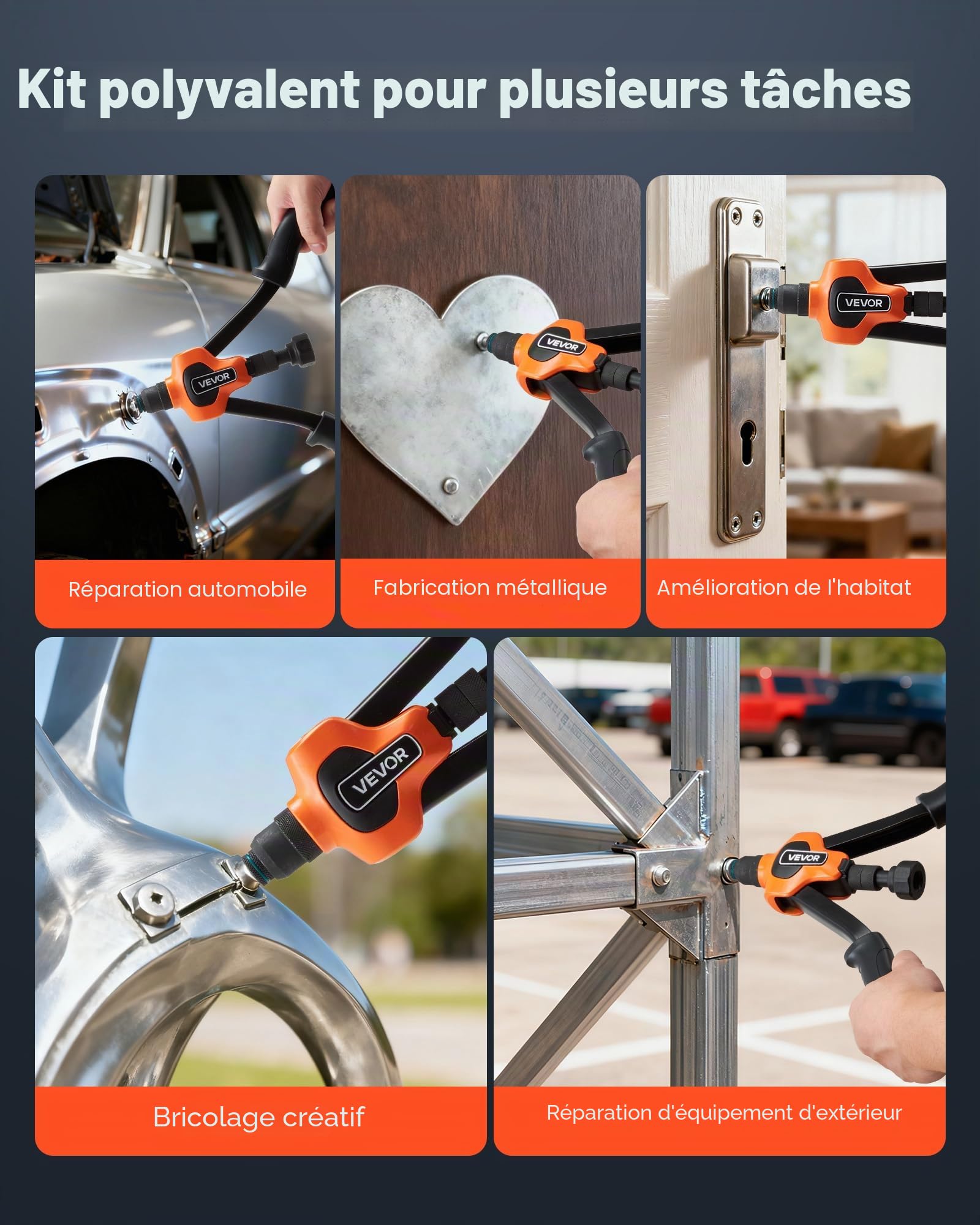 VEVOR Riveteuse Manuelle 34 cm, Kit d'Outils à Riveter Complet, pour Bricoleur Installation et Réparation Maison, Pince à Écrous à Sertir avec 7 Mandrins Métriques et SAE, 70 Écrous, avec Mallette