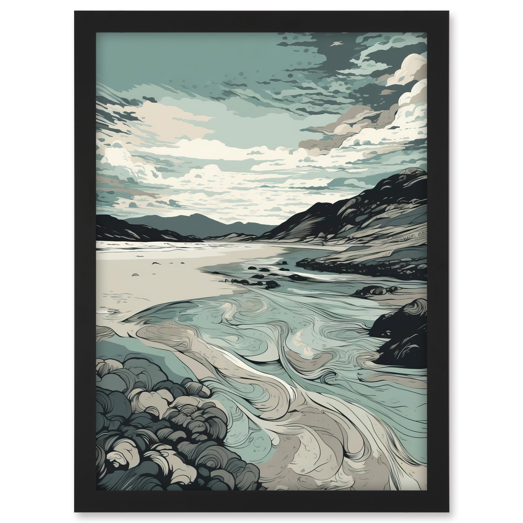 Artery8 Luskentyre Beach Coastal Landscape Illustration Artwork Framed A3 Wall Art Print