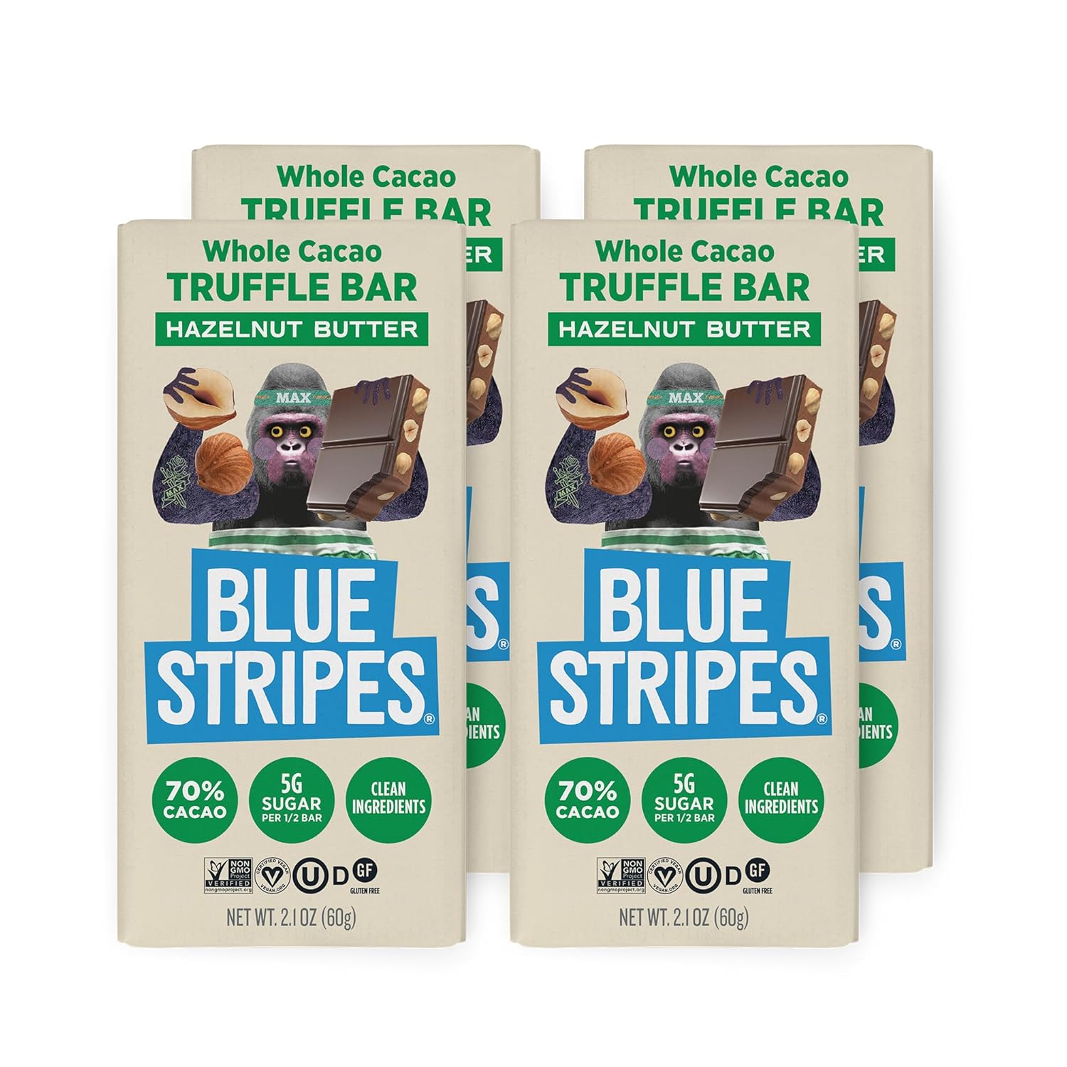 Blue Stripes - Pure Dark Whole Cacao Chocolate Bars, 70% Cacao Bar, Healthy Chocolate, Vegan, No Refined Sugar, Non GMO, Gluten Free - 4 Pack