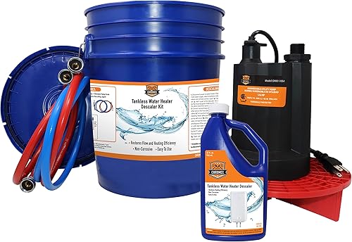 Chromex Kit de descarga de calentador de agua sin tanque con solución de descalcificación líquida certificada y bomba extra fuerte de 16 HP
