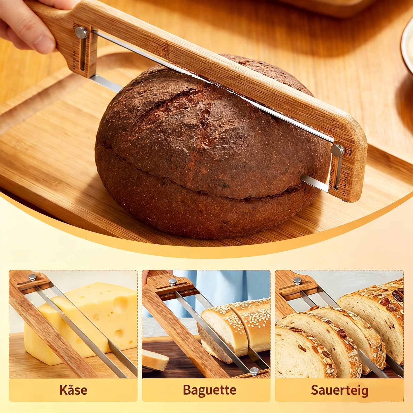 Cuchillo de pan ajustable, cortador manual con guía de grosor para pan casero, masa madre, bagels y baguettes – ideal para corte de precisión