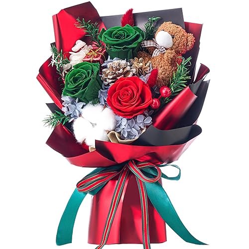 Polylove Forever Flowers Bouquet - Ramo de 3 piezas de rosas preservadas con oso, caja de regalo para esposa, madre, día de San Valentín, día de la