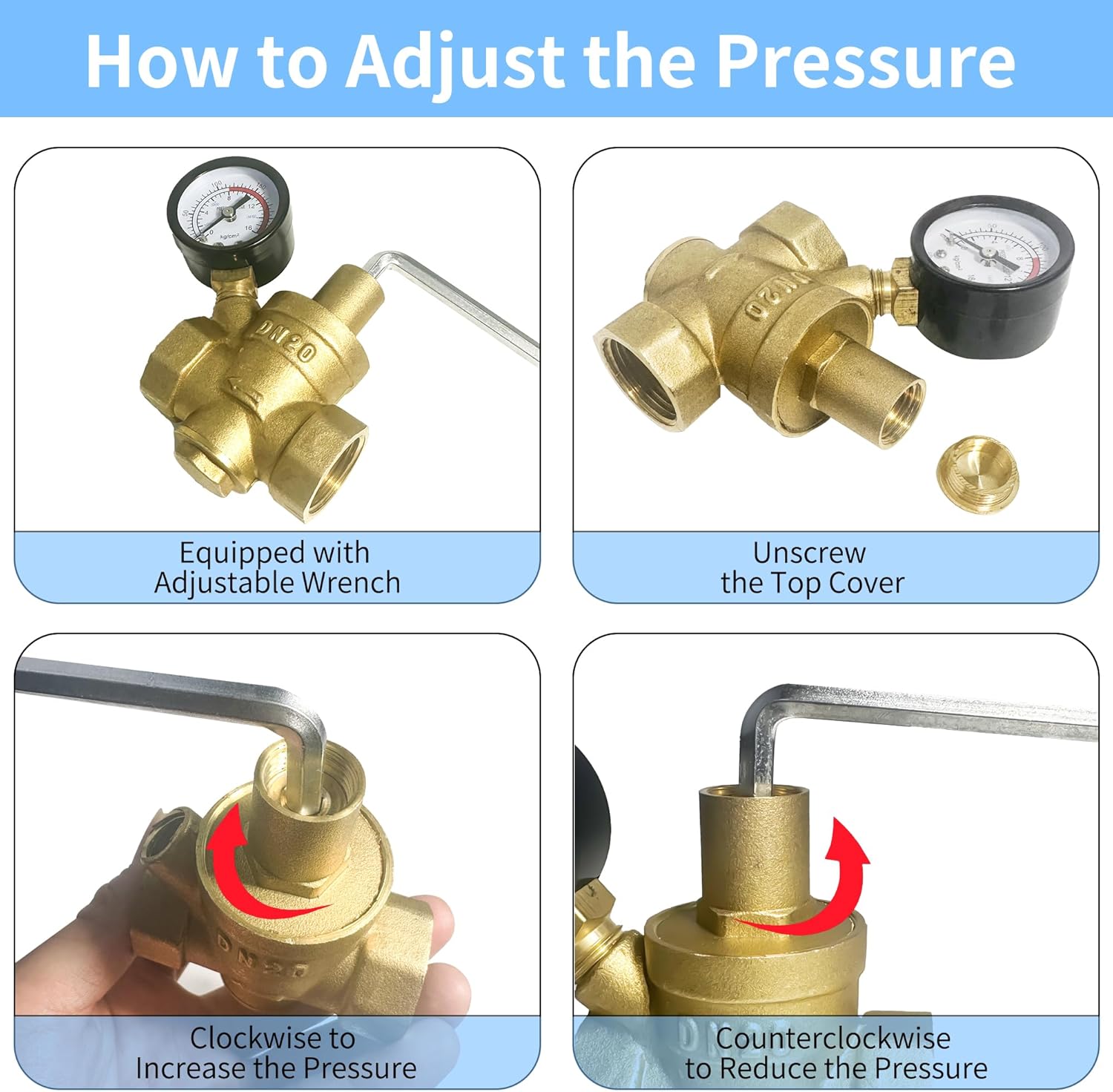 Water Pressure Regulator, 3/4 Inch NPT Thread DN20, Heavy Duty Brass Lead-free BPA-free, with Gauge for Home