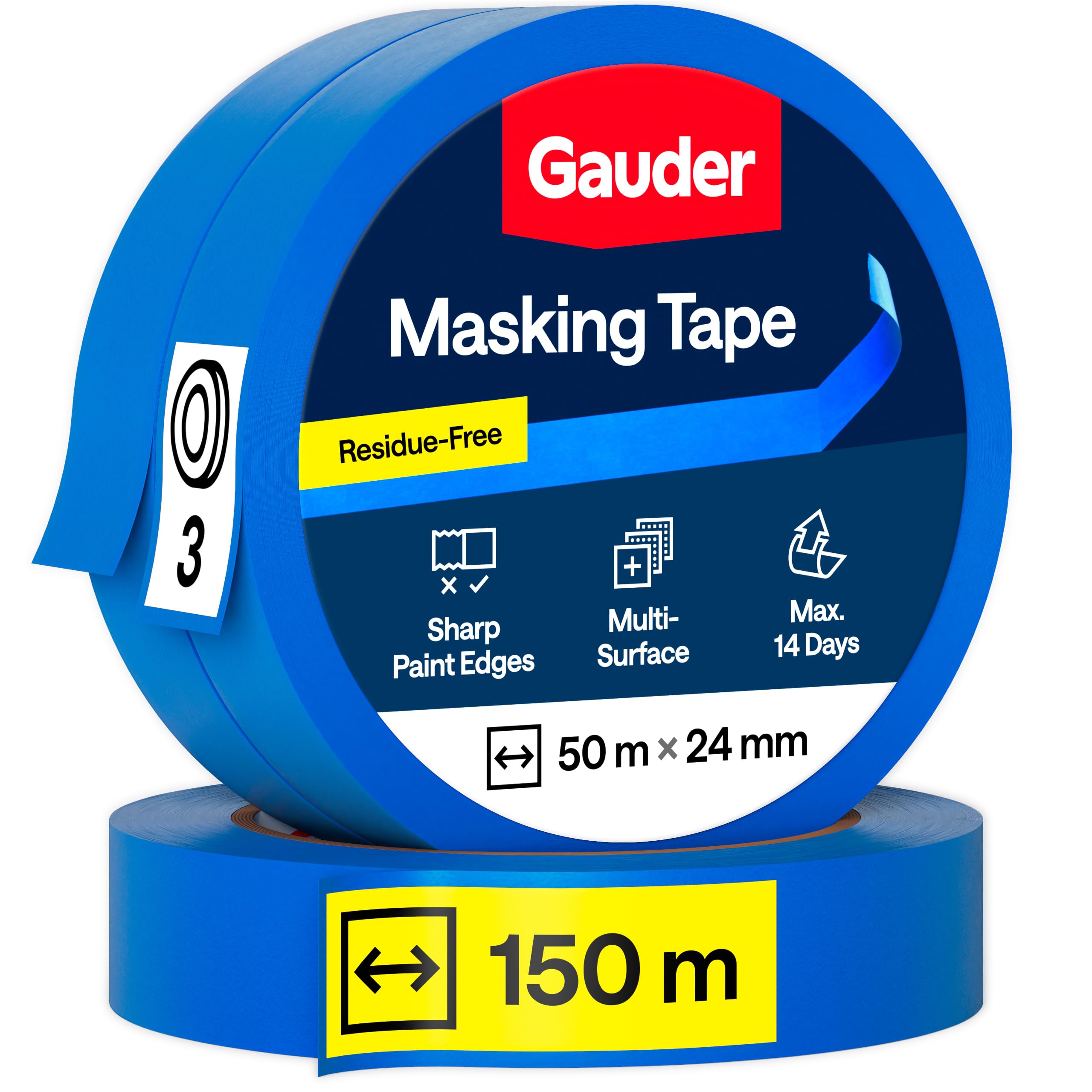 GAUDER Masking Tape for Painting - Painter's Tape for Precise Edges - Professional Solution for Decorating, Renovating and DIY Projects (3 Rolls - 24 mm x 50 m)