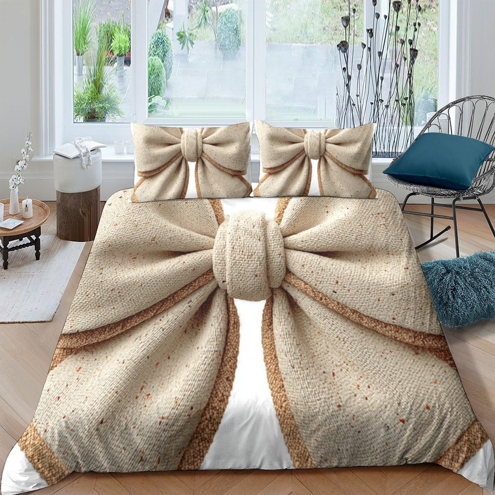 Ctjqhvkz Style-2 3D Printed Beige Bow Fitted Sheet Microfiber Soft Decorative Ribbon Bed Sheet Bedroom Dorm Mattress Cover Single（135X200cm）