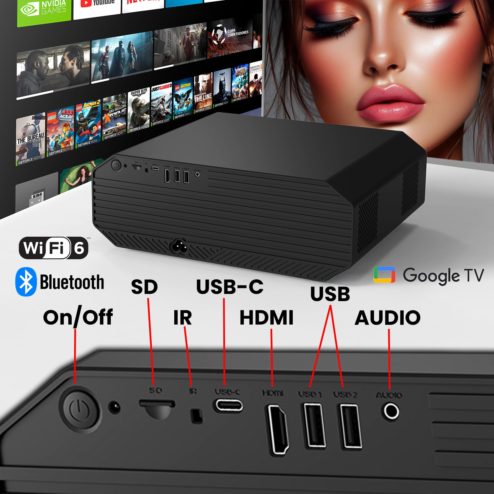 Vidéoprojecteur 1800 ANSI lumens, home cinéma et présentations, mise au point motorisée, Keystone 4D, zoom numérique, HDMI, USB-C, jack 3.5, haut-parleur 10W (GoogleTV licencié)