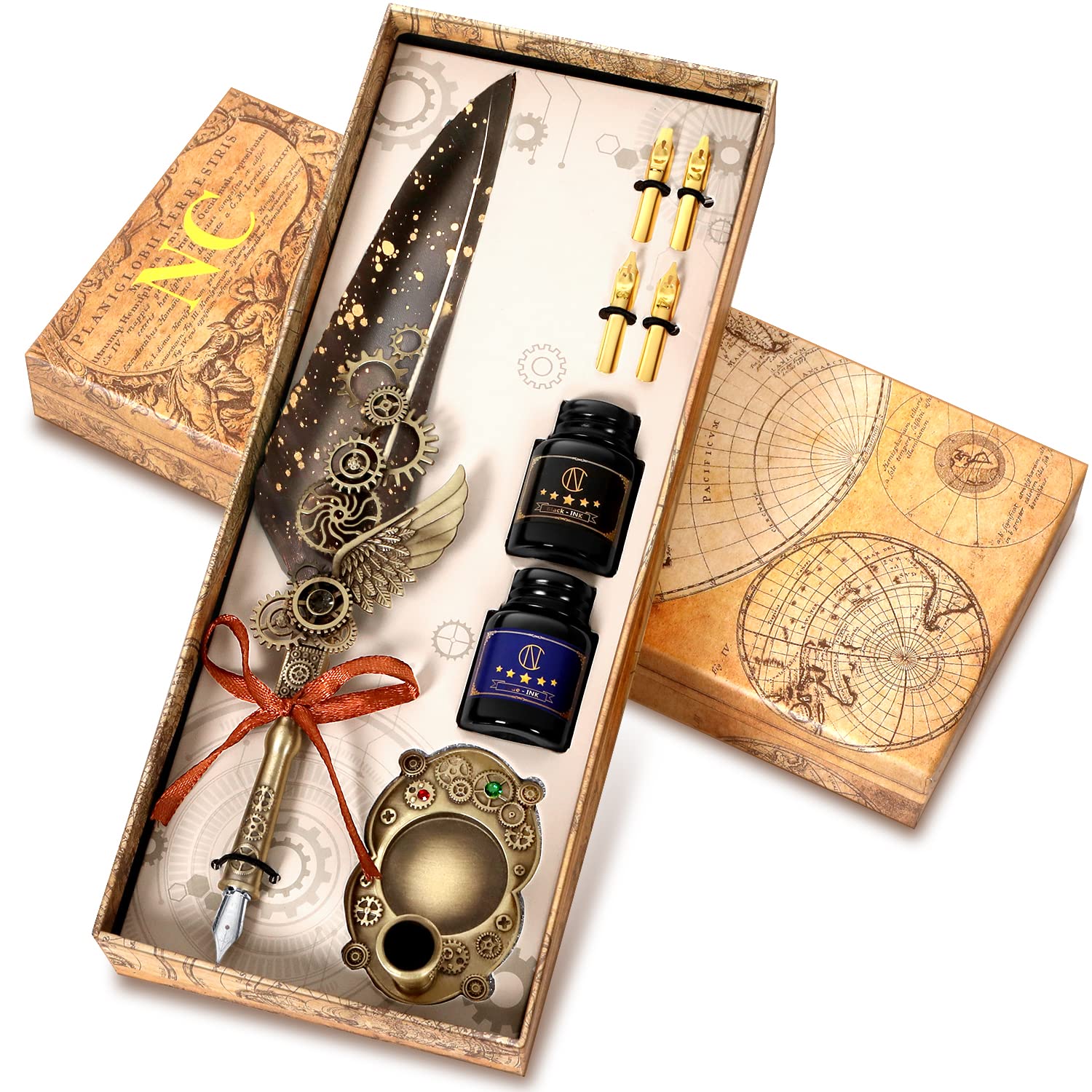 NC Quill Pen and Ink Set, Including 2 Bottles of Ink and 4 Replaceable Nibs, 1 Mechanical Quill Pen, 1 Pen Holder, Calligraphy Pen for Writing,