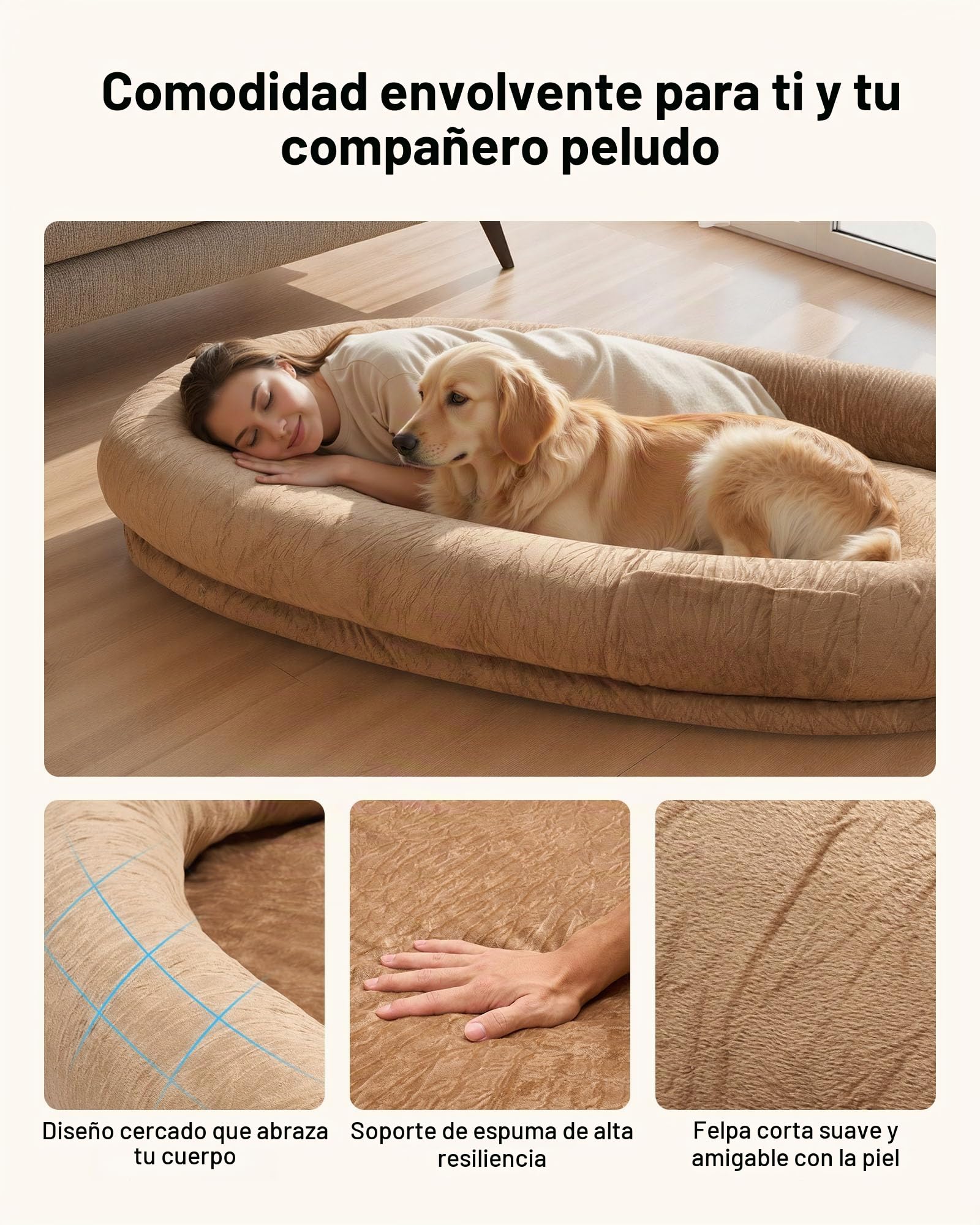 VEVOR Cama para Perros de Diseño Ovalado, Tamaño Humano, 177 x 123 x 24 cm, Ortopédica, de Espuma Viscoelástica, con Bolsillo Lateral, Asa y Cremallera, Funda Extraíble y Lavable a Máquina, Marrón