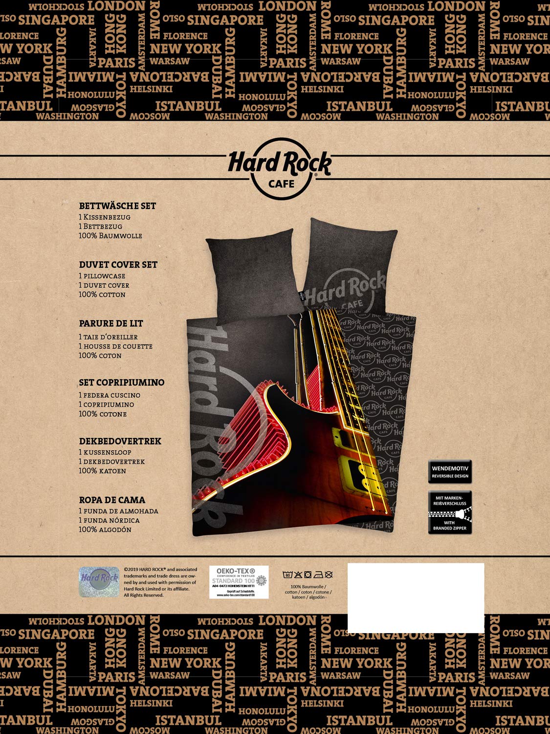 Herding HARD ROCK Bettwäsche-Set, Wendemotiv, Original Hard Rock Café Lizenz, Bettbezug 135 X 200 cm, Kopfkissenbezug 80 x 80 cm, Baumwolle/Renforcé, Grau