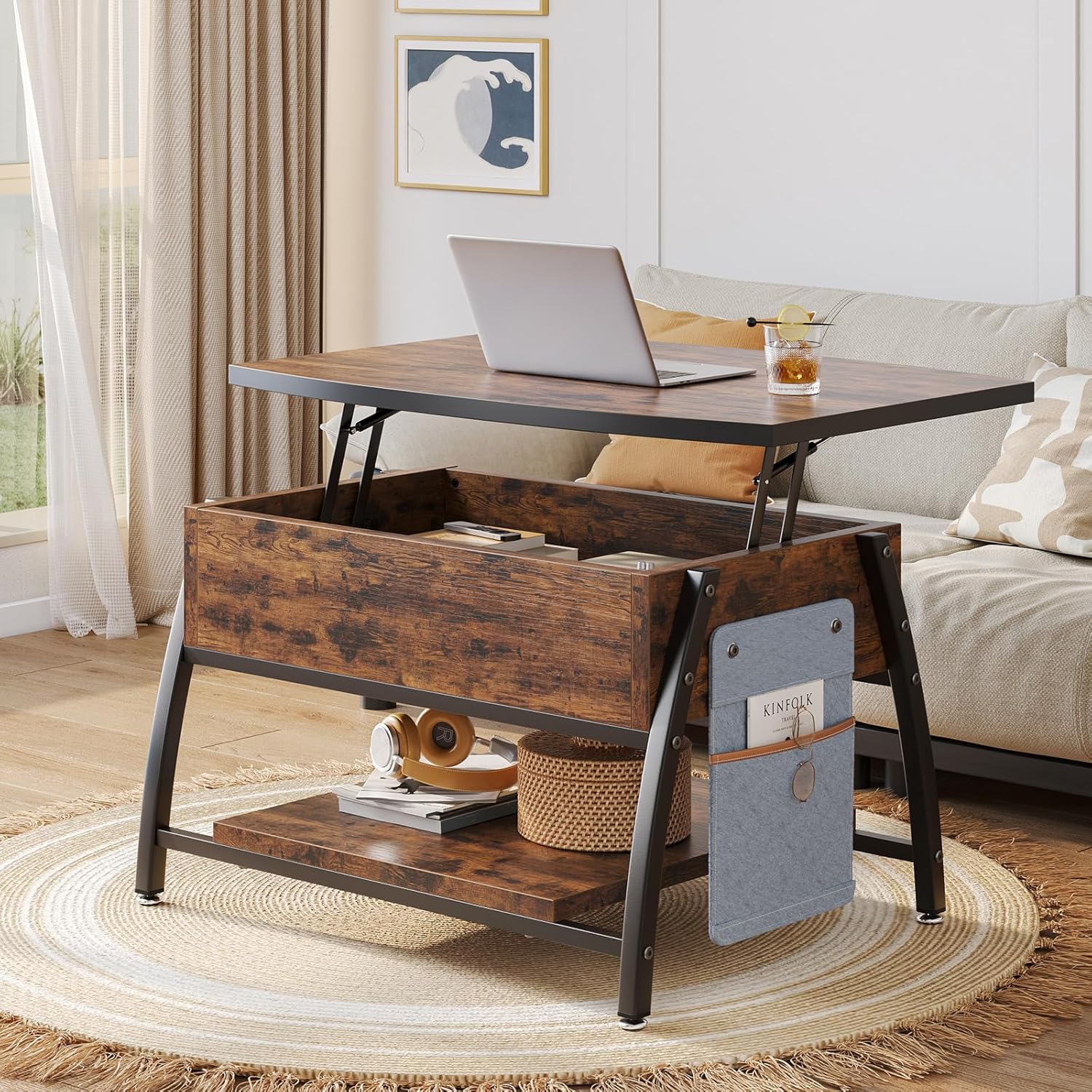 Bestier ローテーブル 昇降式 センターテーブル 収納棚付き Bestier ローテーブル 昇降式 センターテーブル 幅78 リフティング