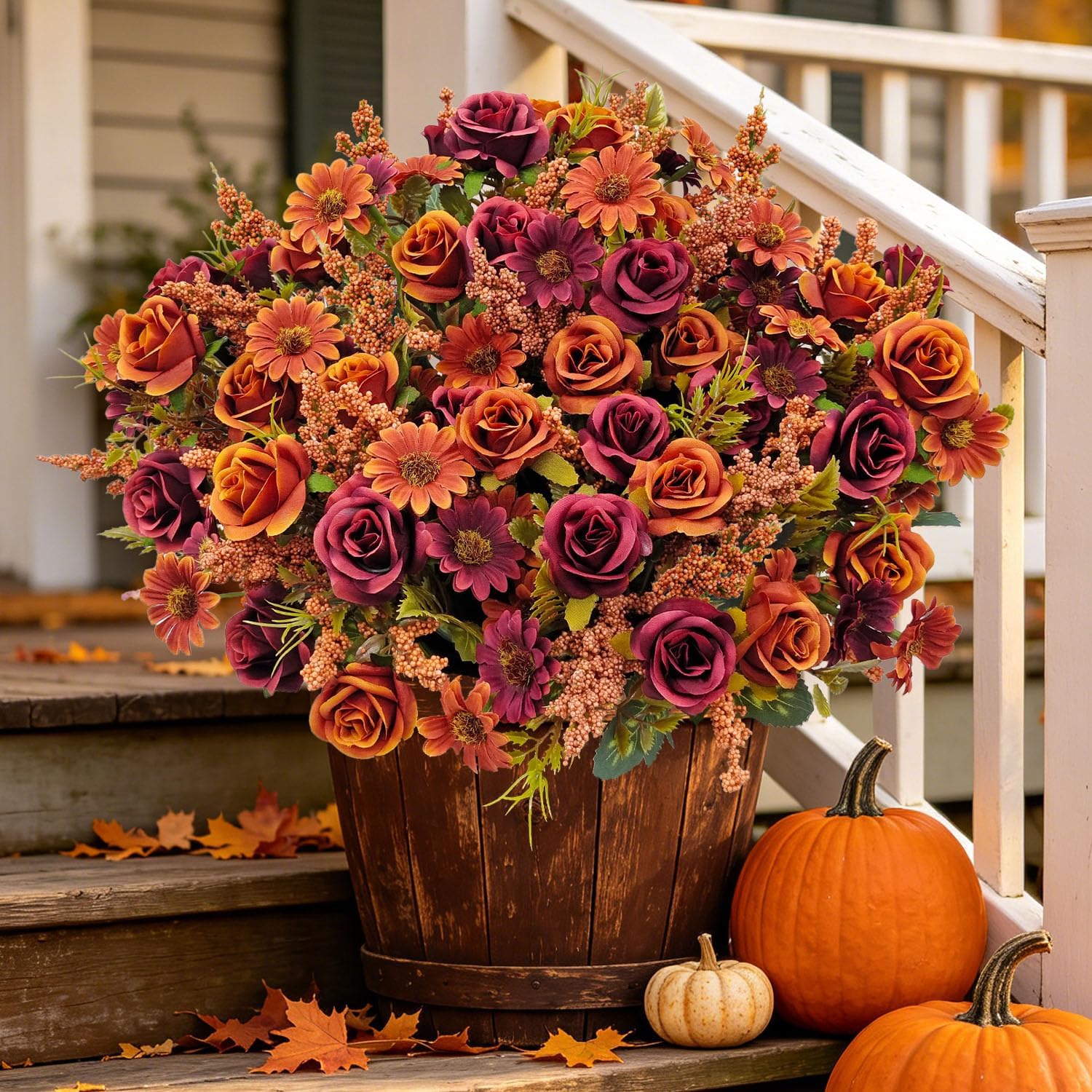 Fall Flowers Artificial for Decoration, 6 Bundles Fake Fall Flowers Faux Rose with Artificial Mums for Outdoors Front Porch Garden Patio Planter Home Table Centerpiece Fall Decor(Fall Red)