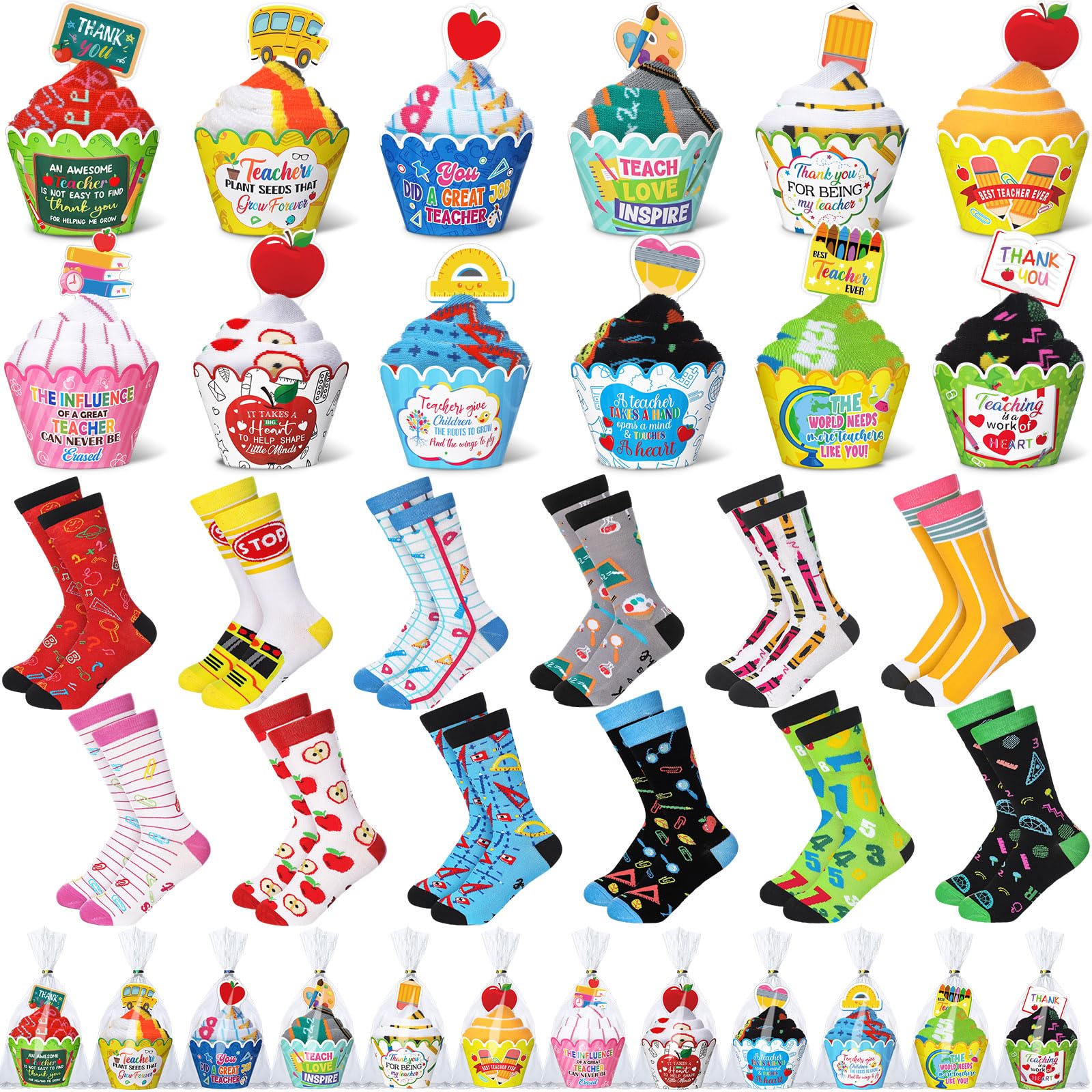 Glitopper Lustige Cupcake-Socken für Damen, Herren, Lehrer, Krankenschwester, Sozialarbeiter, 24 Paar