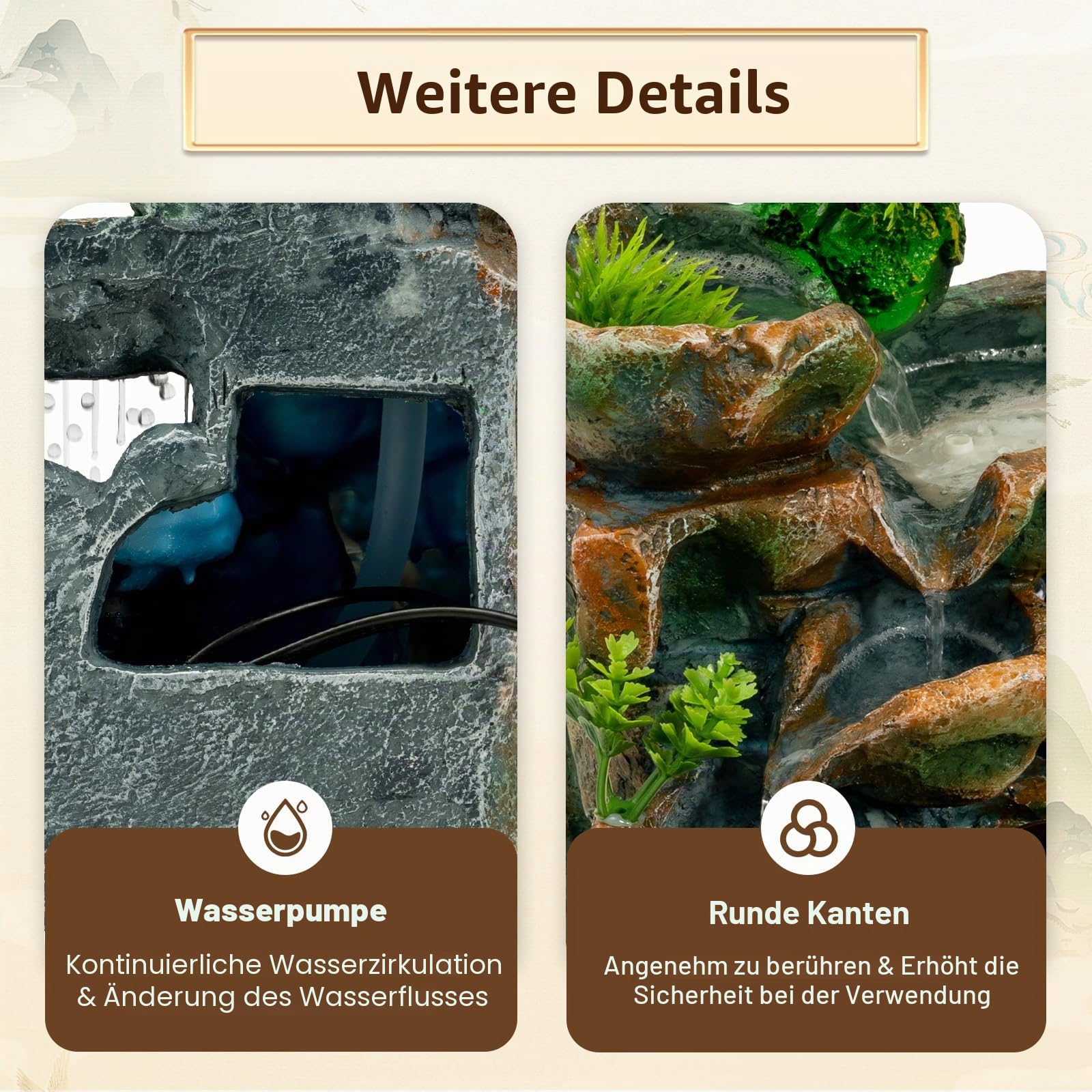 Zimmerbrunnen 18x15x30 cm, Dekorativer Tischbrunnen mit LED und Beruhigendem Wasserspiel, Tisch Zimmer Wasser für Wohnzimmer, Schlafzimmer, Büro