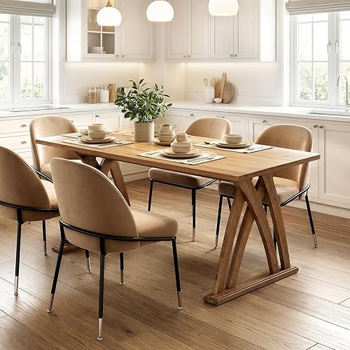 Miniatura 3 de LITTLE TREE Mesa de comedor de madera maciza para 4 a 6 personas, mesa de cocina rectangular de 63 pulgadas con marco de madera resistente, mesa de