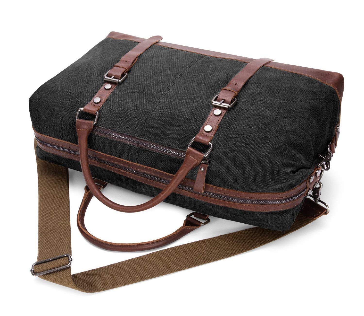 TILEMALL Borsone da viaggio oversize in tela da viaggio, borsa a tracolla, borsa a tracolla per la notte, borsa da weekend, unisex, con manico in finta pelle, Nero, 54cm*33cm*24cm