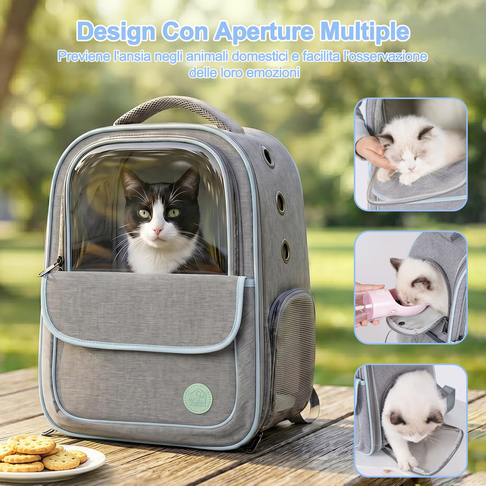 Galatée Zaino Per Animali Domestici, In Tessuto Oxford Traspirante Per Cani e Gatti, Con Pannello Trasparente Per Ridurre l'Ansia, Pieghevole e Capiente, Con Aperture Frontali e Laterali (Grigio)