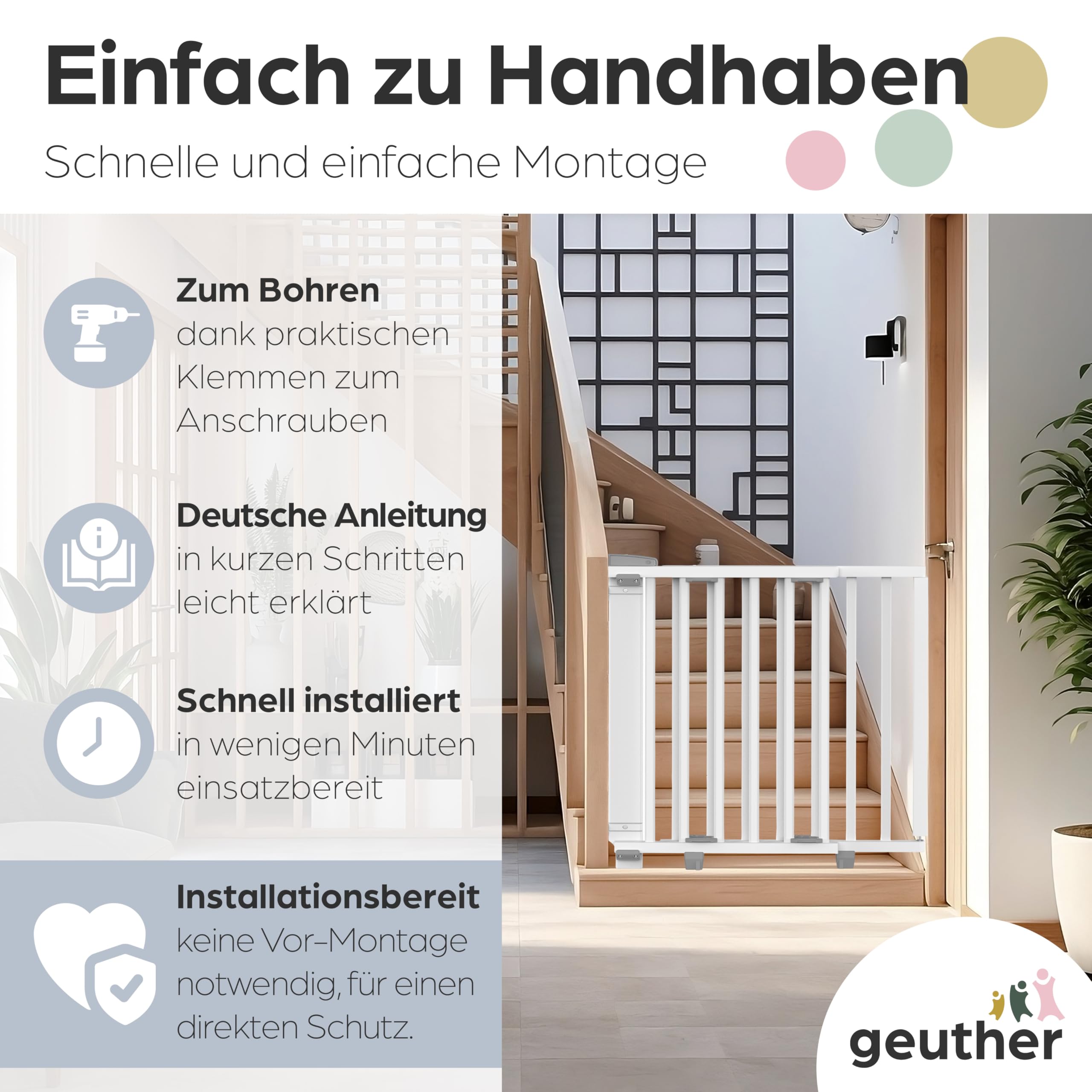 Geuther Treppenschutzgitter Oris | Türschutzgitter zum Anschrauben, Breite 95-135 cm, Stabiles Türgitter mit Schwenktür, Kindergitter Holz, Weiß