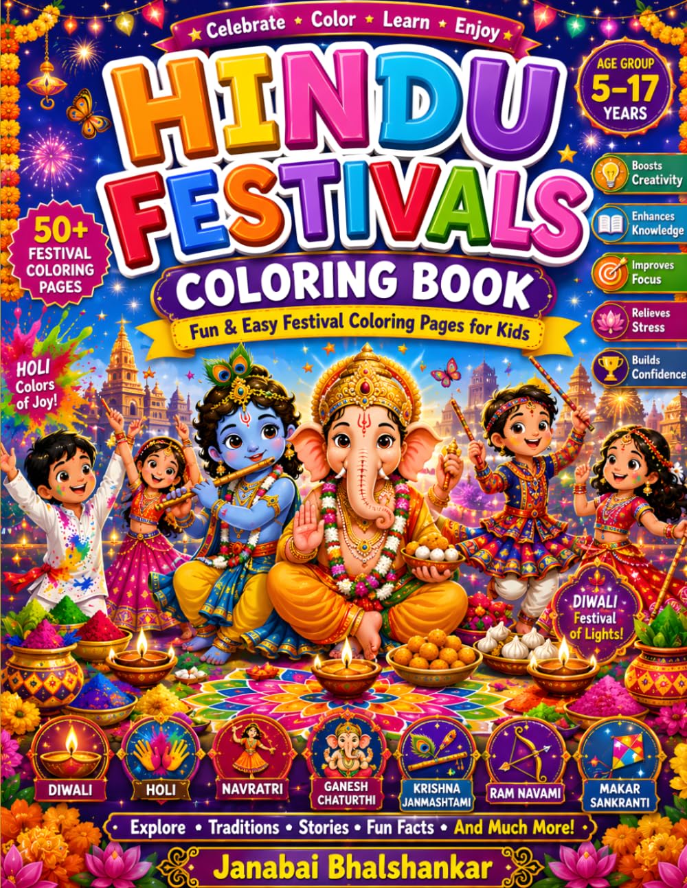 HINDU FESTIVALS COLORING BOOK: Fun & Easy Festival Coloring Pages for Kids