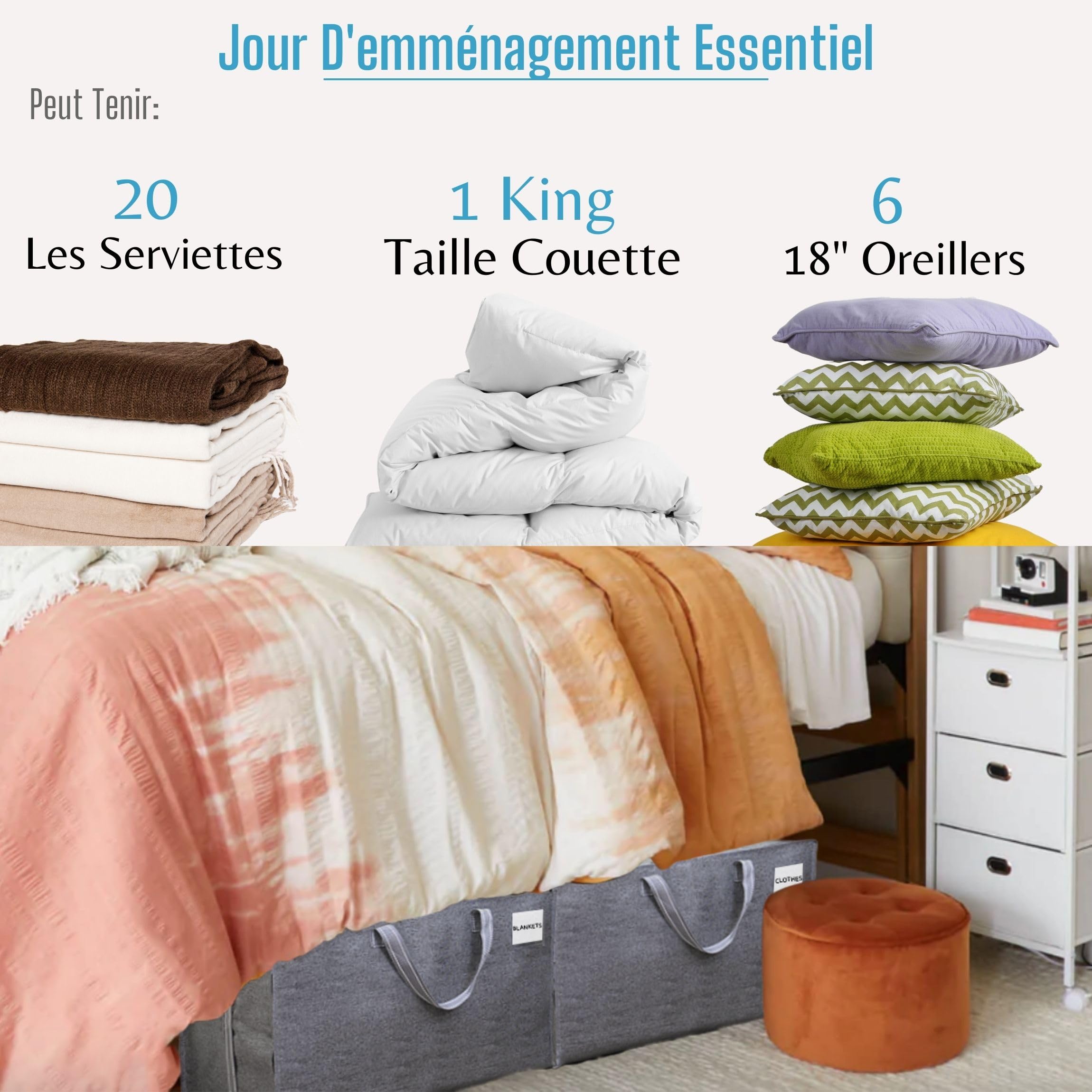 VENO Lot de 4 Grands Sac de Rangement avec Couvercle et Poignées Renforcées, Cartons Déménagement de 102 L Résistant pour Rangement des Vêtements et voyages, Sac à Linge (Gris, Lot De 4)