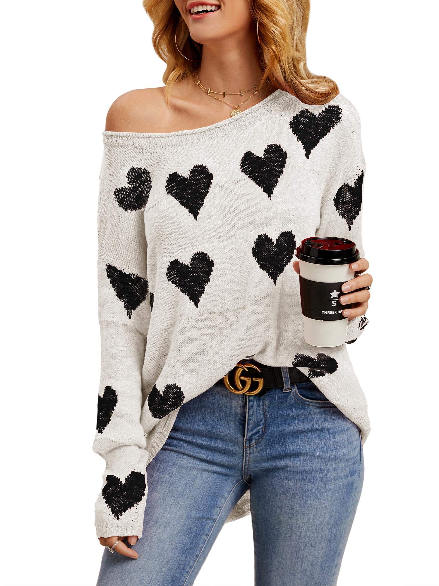 Tutorutor Womens Cute Love Heart Print Sweaters Oversized Off The Shoulder Loose Knitted Valentine Pullover Blouse Top