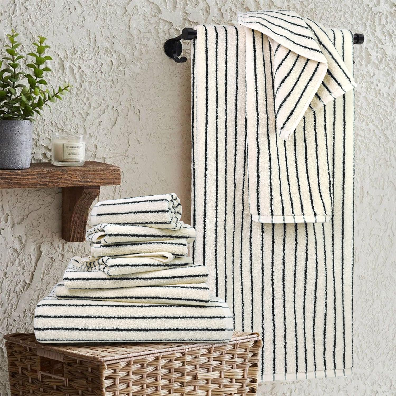 Jacquotha 8 Piece Black and White Towel Set, Super Soft & Absorbent Cotton Striped Towels for Bathroom Decor, 2 Bath, 2 Hand, 4 Washcloths - Image 2