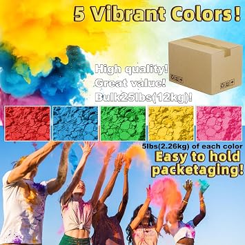 Holi Colors Powder - 25 Pounds in Bulk Color Run Powder for 100+ People,5 Pack of Smoke Powders 5 Pounds Each Multiple Uses for Youth Group Activities,Gender Reveal,Fun Run,Photoshoot,Chalk,Color Wars