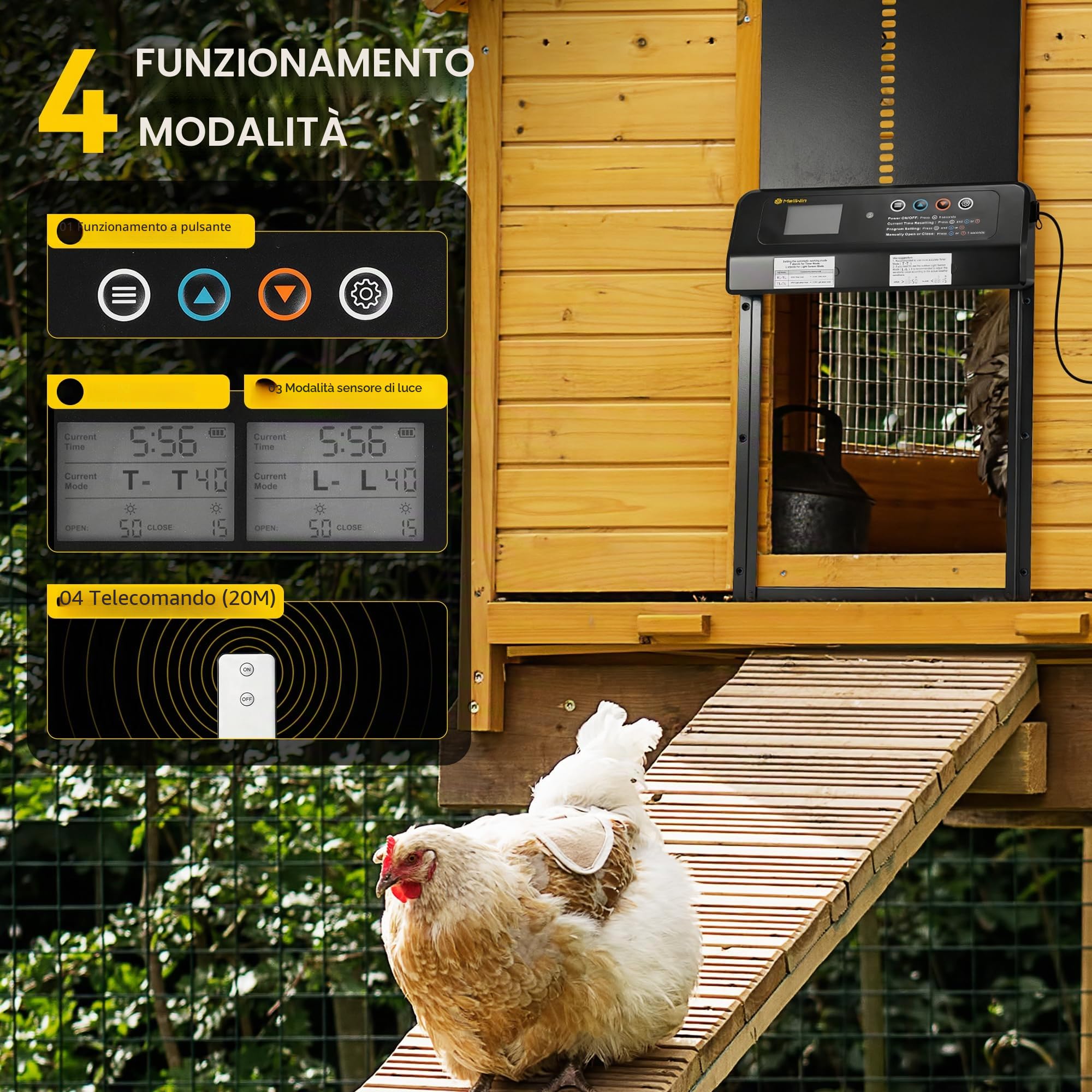 Porta per pollaio automatica solare MELLWIN con display LED, sensore di luce e timer, porta pollaio, porta automatica pollaio anti-predatori, resistente all’inverno