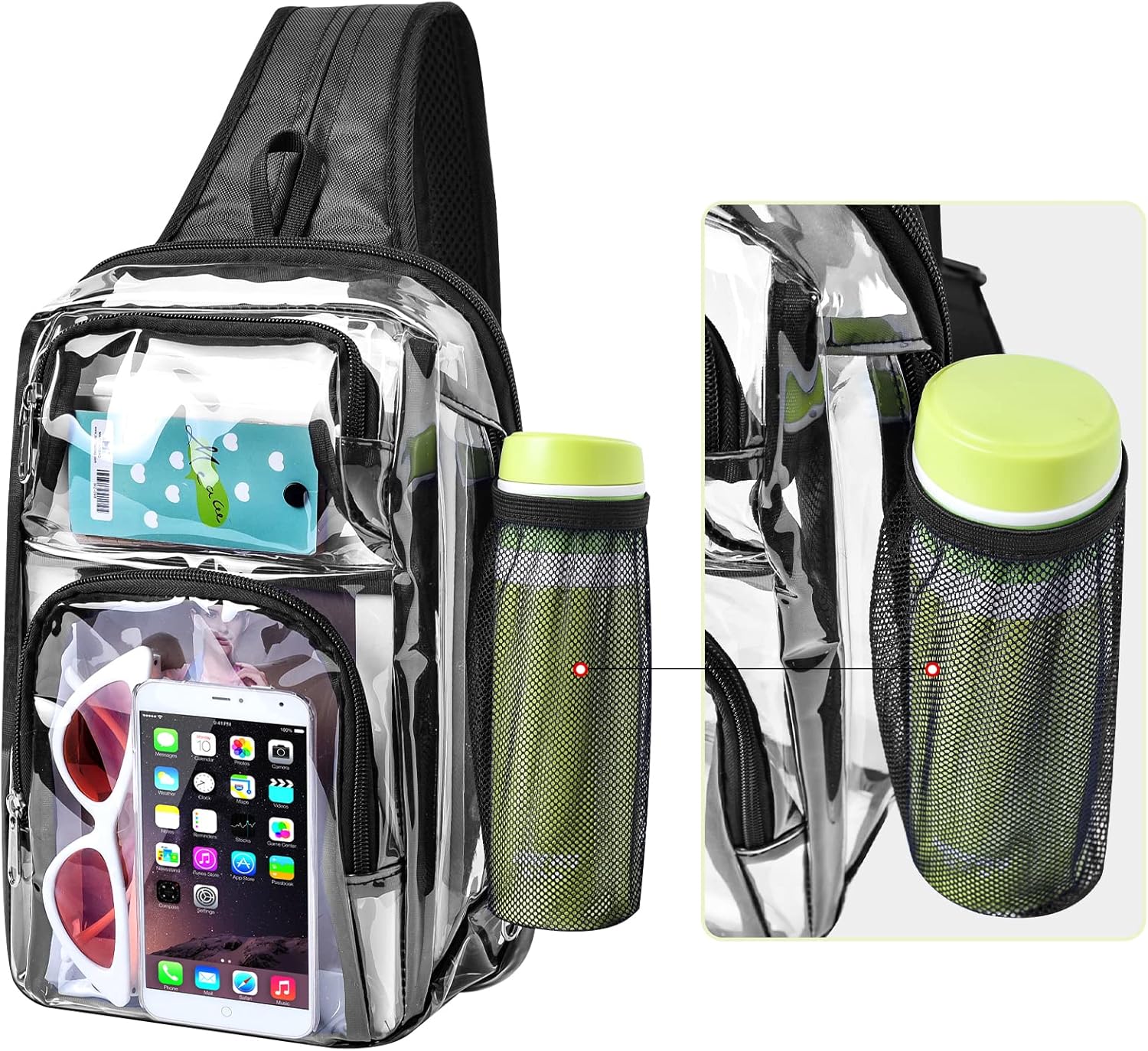 Clear Backpack Stadium Approved with Adjustable Reinforced Straps, 3 in 1 Clear Crossbody Bag for Festivals and Games (Black) - Image 8