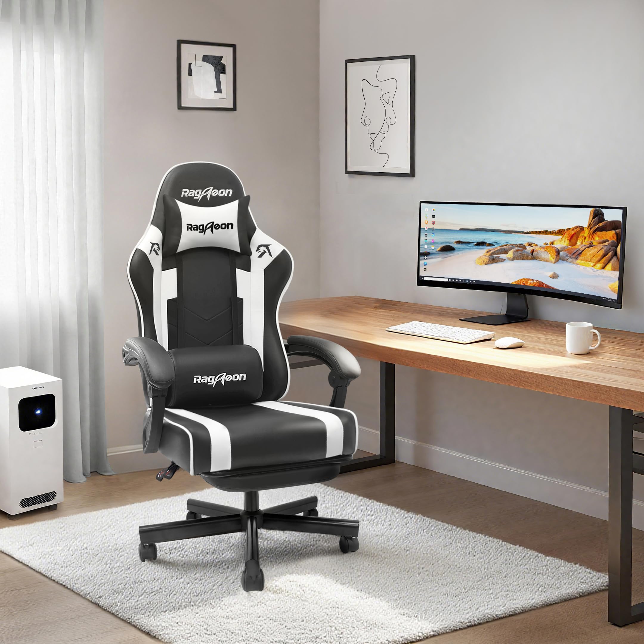 Silla de Gaming – Silla ergonómica para Gamer con reposapiés, reposacabezas y Soporte Lumbar, Altura Regulable, Acolchada, 150 kg, soporta hasta 150 kg, Color Negro