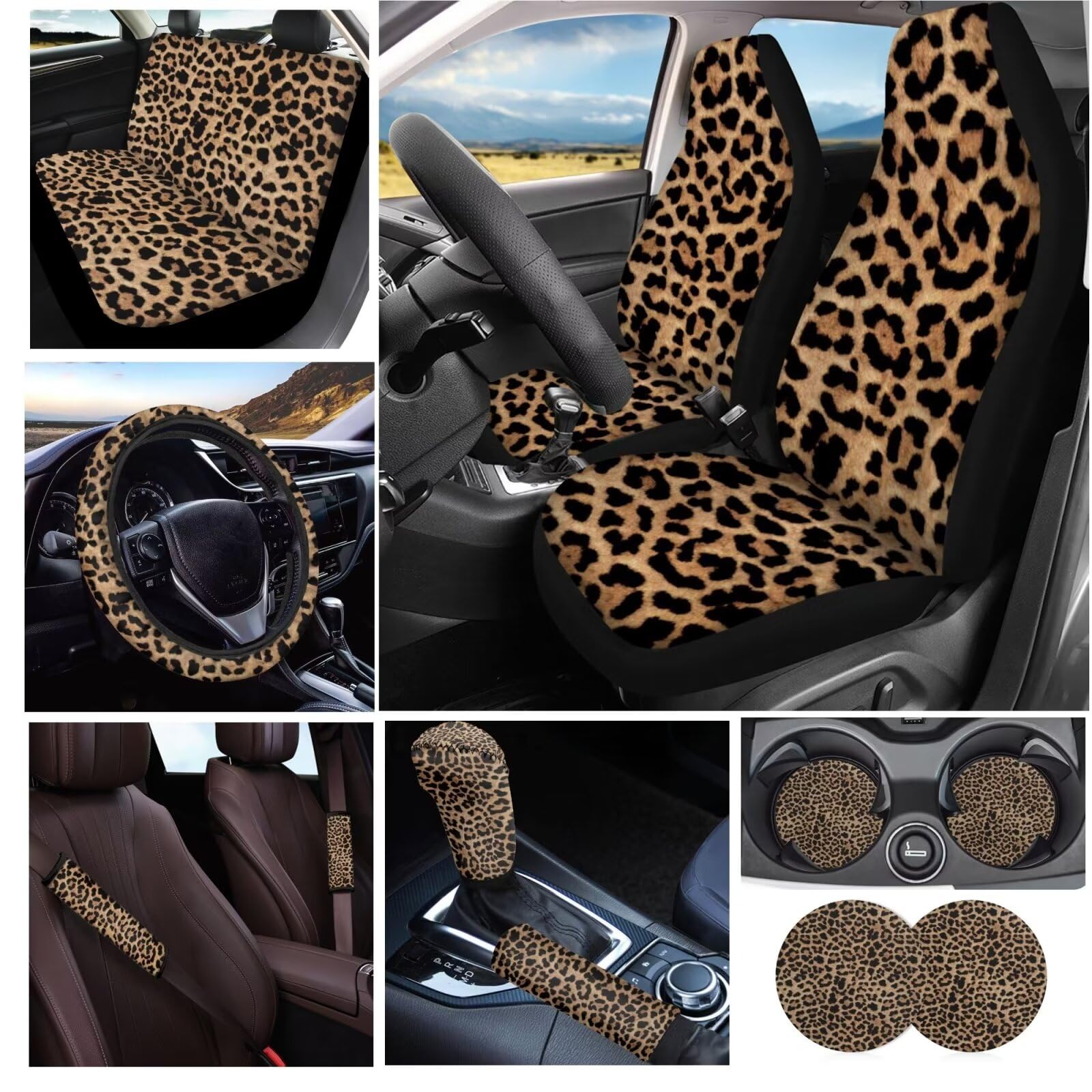Leopard akcesoria samochodowe dla kobiet, pełny zestaw, pokrowce na siedzenia, ochraniacze na kierownicę, podkładki do samochodu, osłona pasa bezpieczeństwa, osłona na hamulec ręczny, pasuje